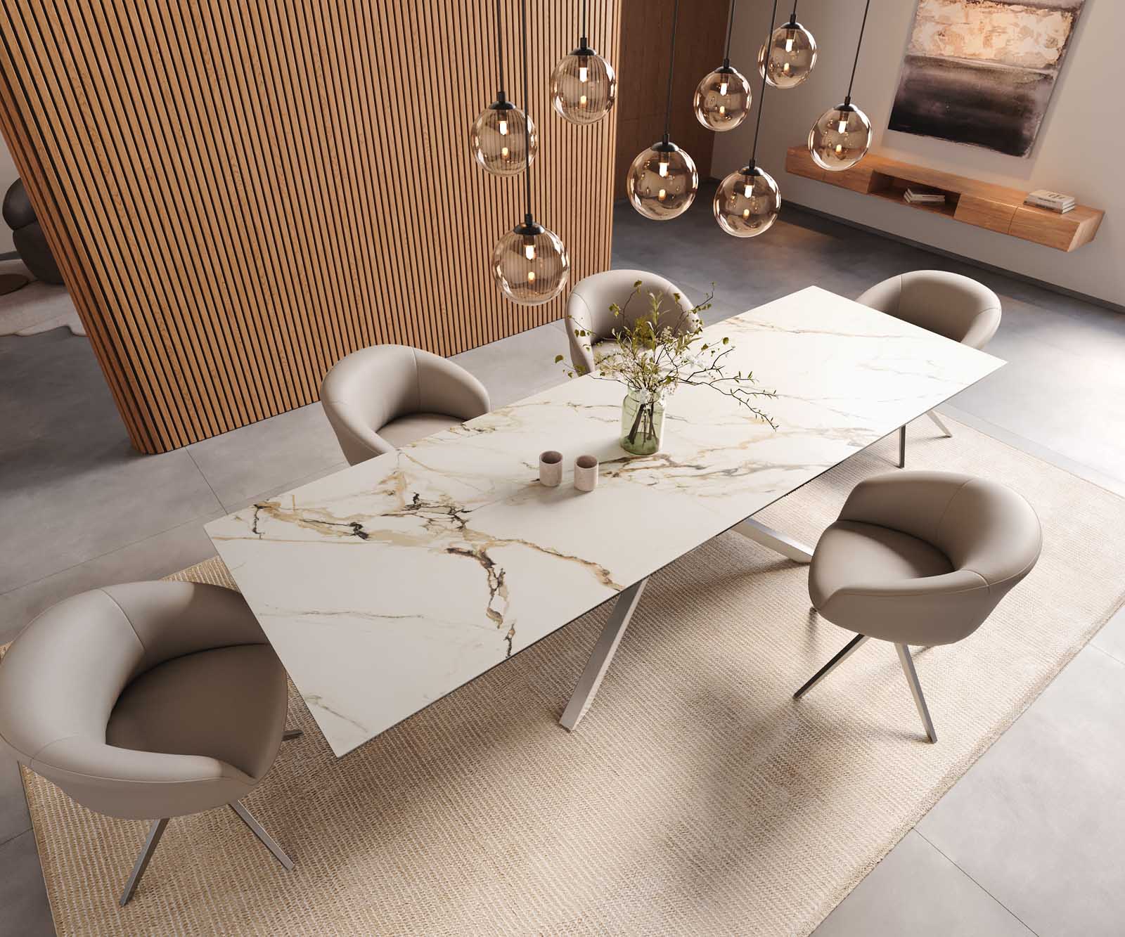 Esstisch Edge 300x100 Keramik Calacatta Luxe Weiß-Gold-Grau Kreuzgestell Rechteck Edelstahl 6