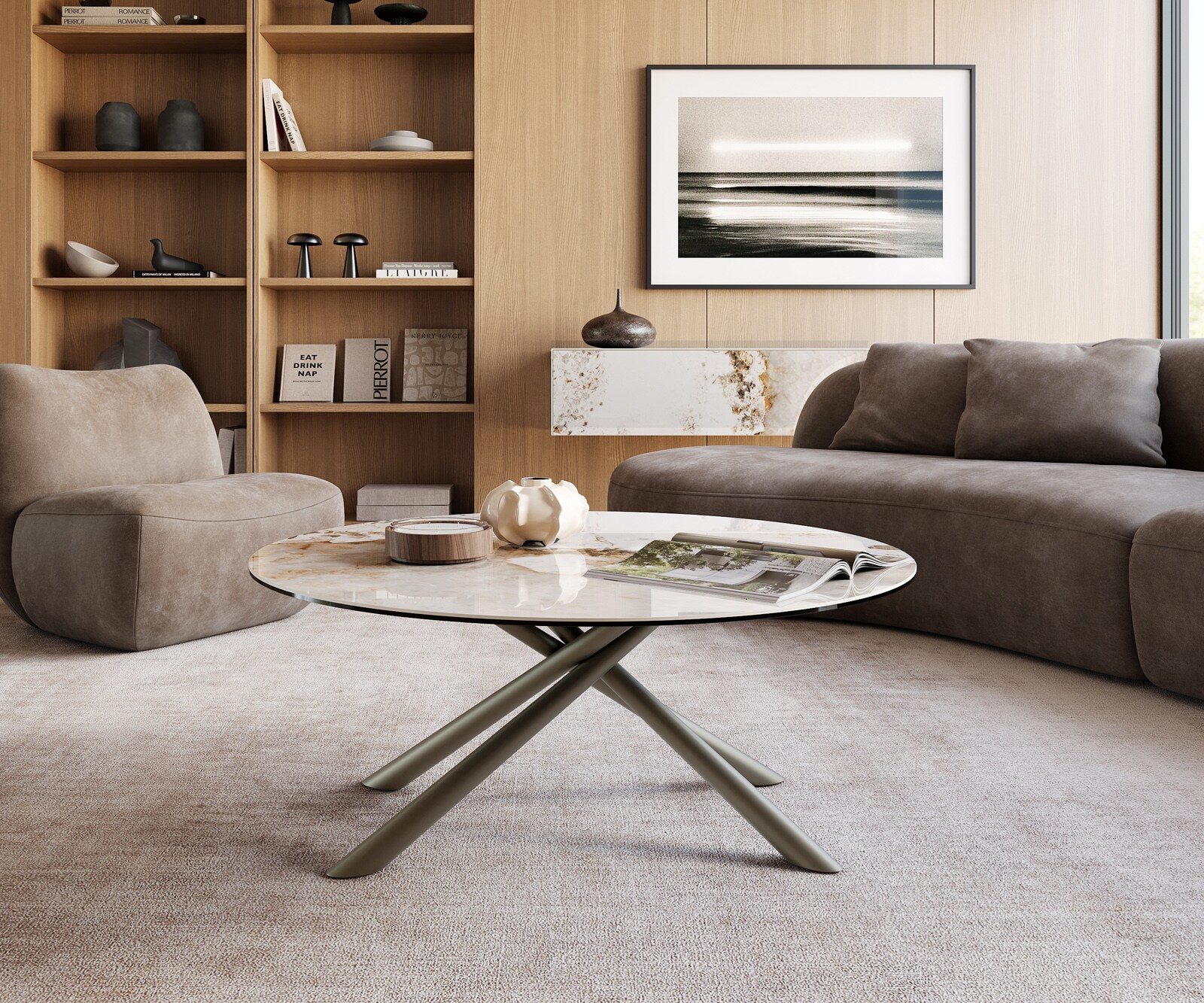 Couchtisch Edge Rund 100x100 cm Keramik Minas Melange Sarity Metall Effektfinish Titan 1