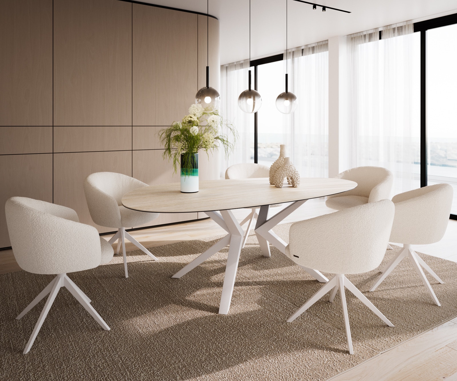 Esstisch Edge Oval 220x120 Keramik Laminam®Travertino Bianco Creme-Weiß Zenthara kantig Metall Weiß 6