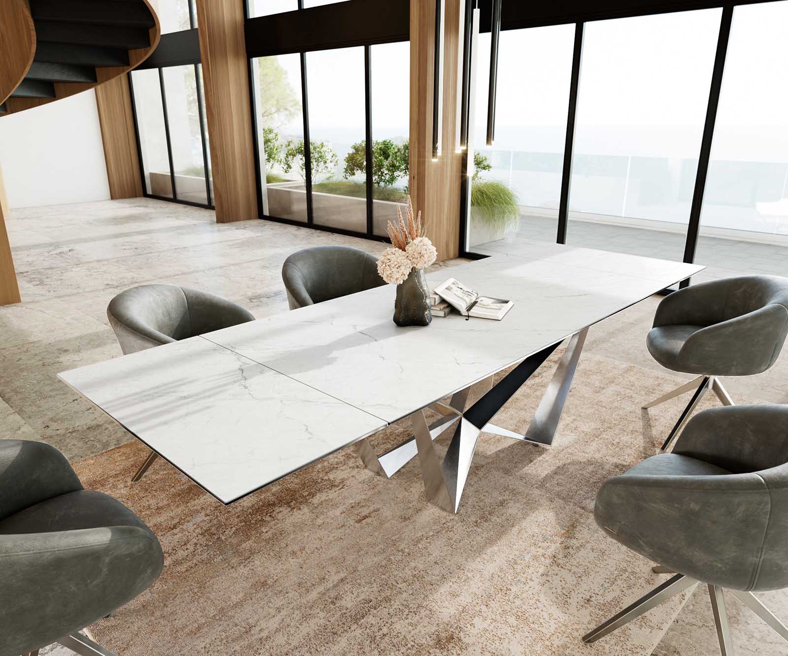Esstisch Edge 200-300x100 Keramik Laminam®Statuarietto Weiß Spider Flachstahl Edelstahl ausziehbar