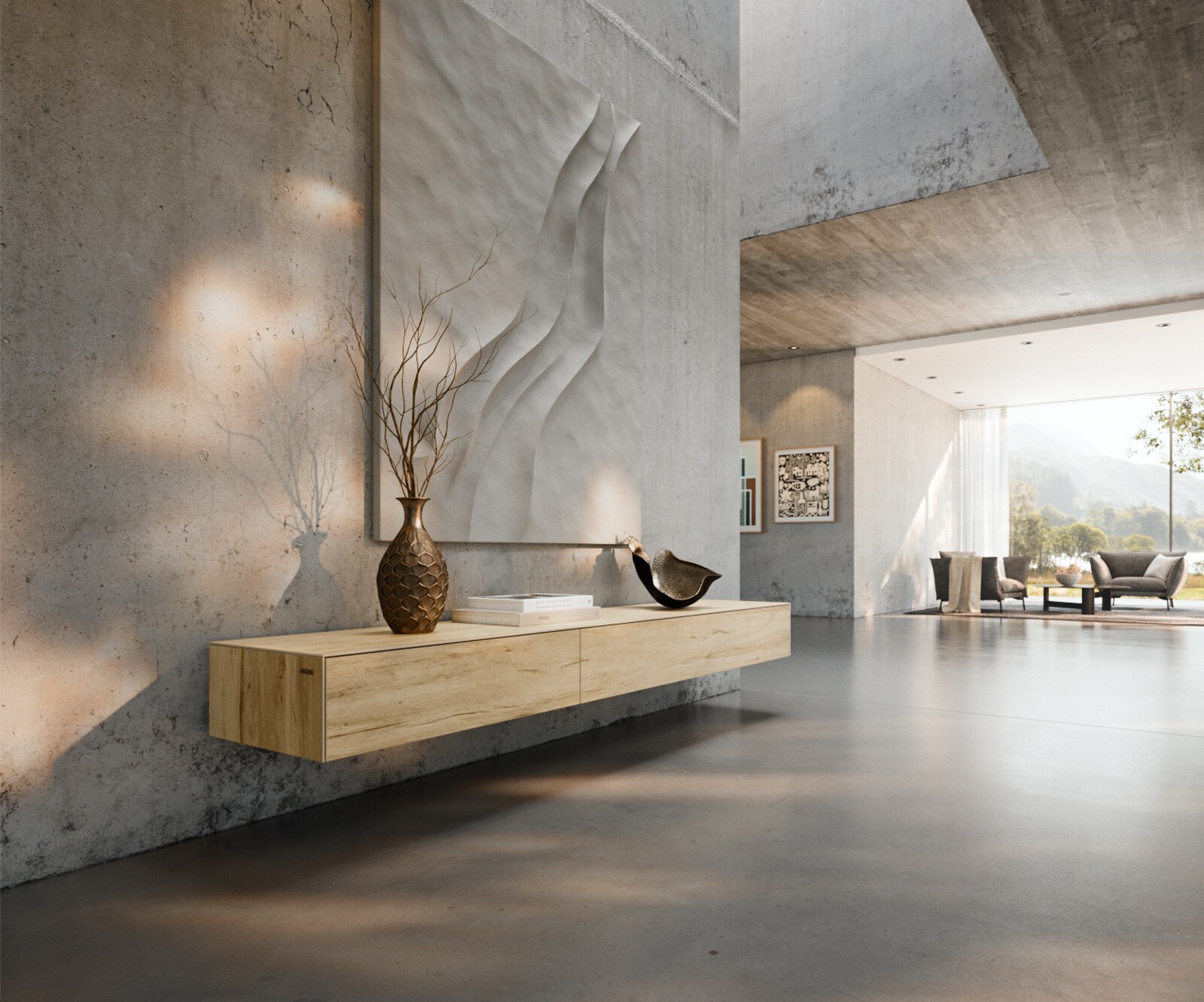 Lowboard Cuor 200 cm Keramik Laminam® Sabbia Eichefarbig 1 Klappe 1 Schubfach Schwebend