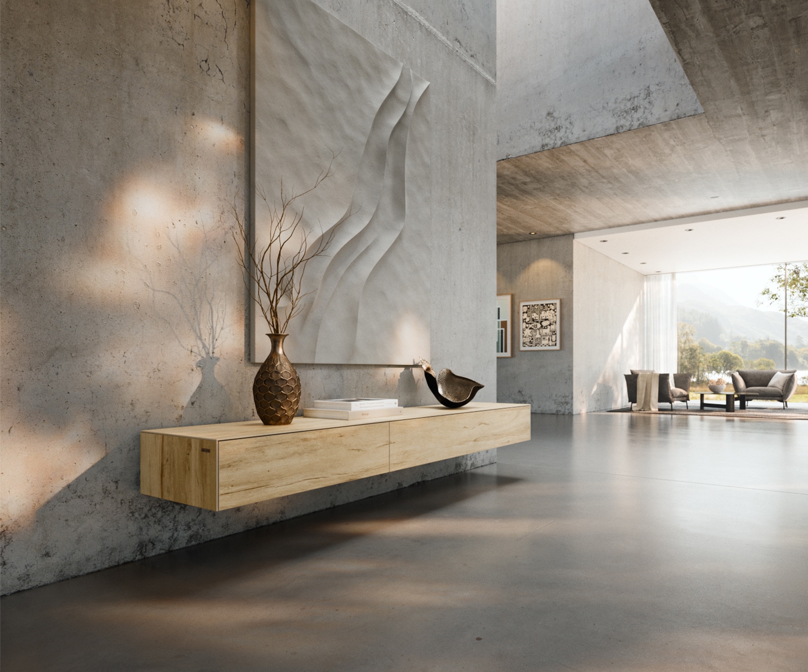 Lowboard Cuor 200 cm Keramik Laminam® Sabbia Eichefarbig 1 Klappe 1 Schubfach Schwebend Lowboard Cuor 200 cm Keramik Laminam® Sabbia Eichefarbig 1 Klappe 1 Schubfach Schwebend