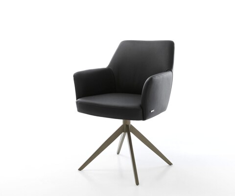 Drehstuhl Xana-Flex mit Armlehnen Echt-Leder Schwarz Kreuzgestell breit Effektfinish Titan 360° drehbar Wippfunktion Taschenfederkern