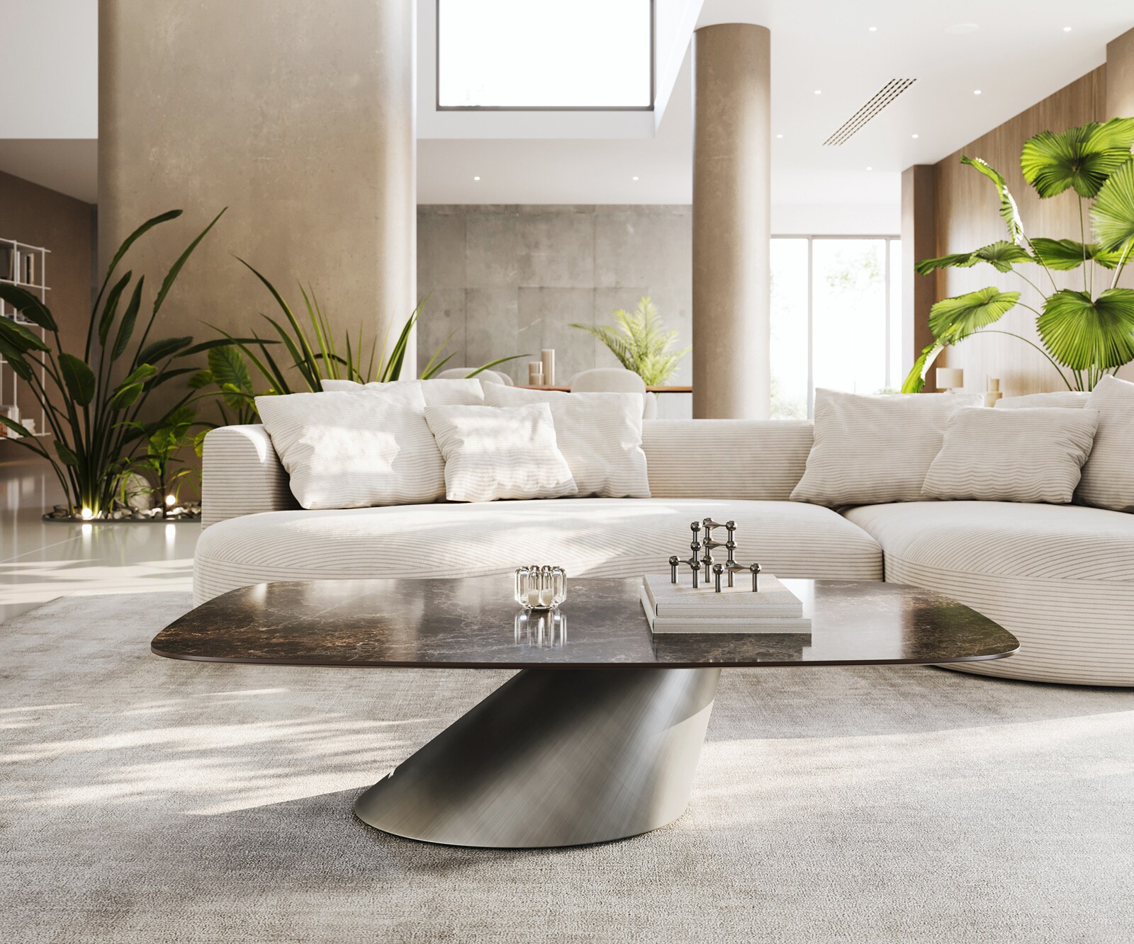 Couchtisch Edge Boot 140x80 cm Keramik Laminam® Emperador Extra Lucidato Dunkelbraun Conis Metallic Silber 1