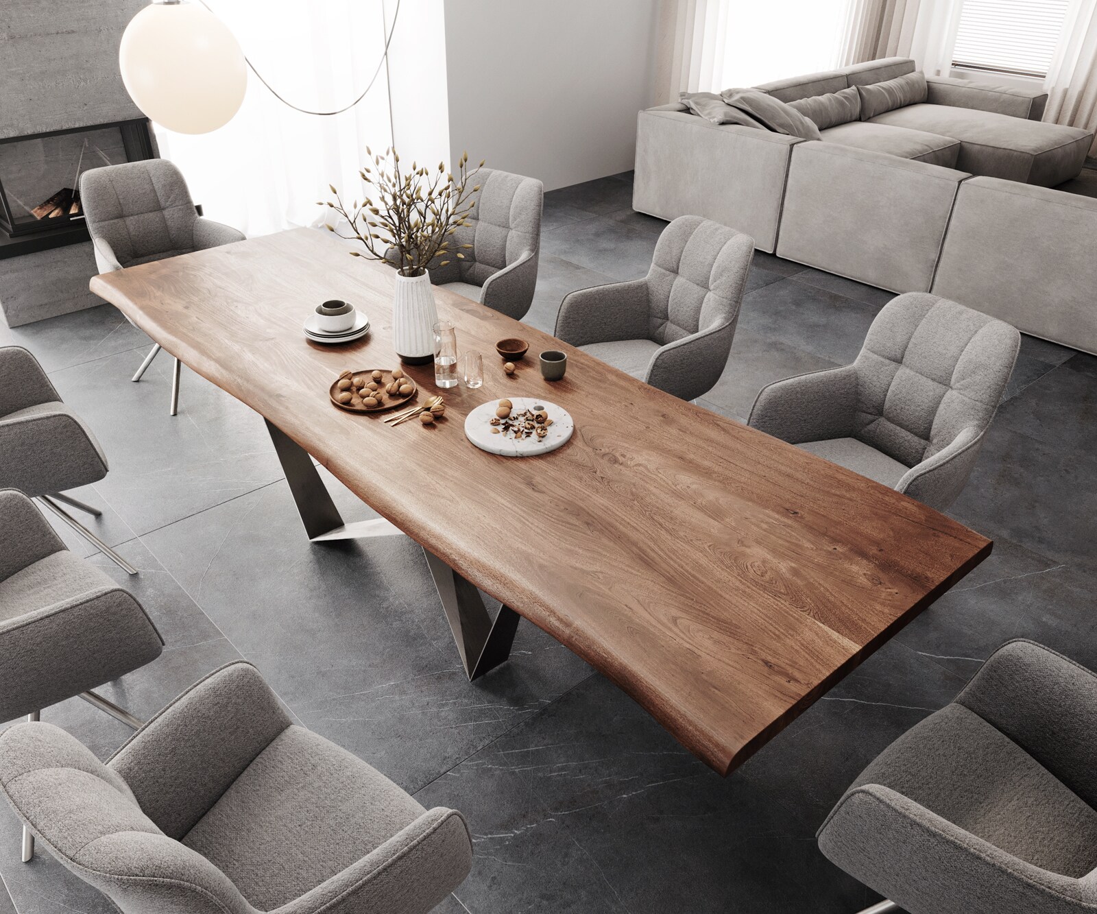 Esstisch Edge 300x100 XL Akazie Braun Spider Flachstahl Edelstahl Live-Edge 3