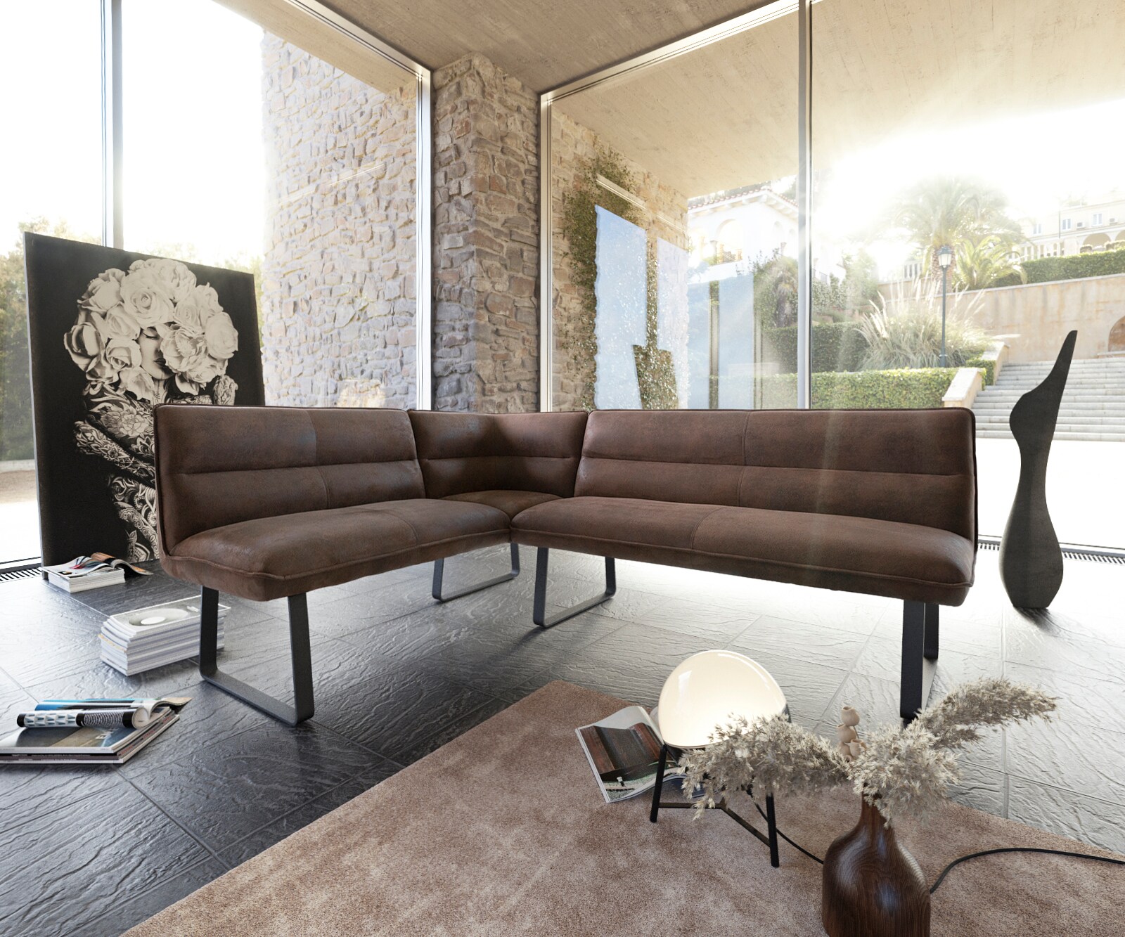 Eckbank Salvo 200x160 cm Braun Vintage Metall Schwarz Variabel