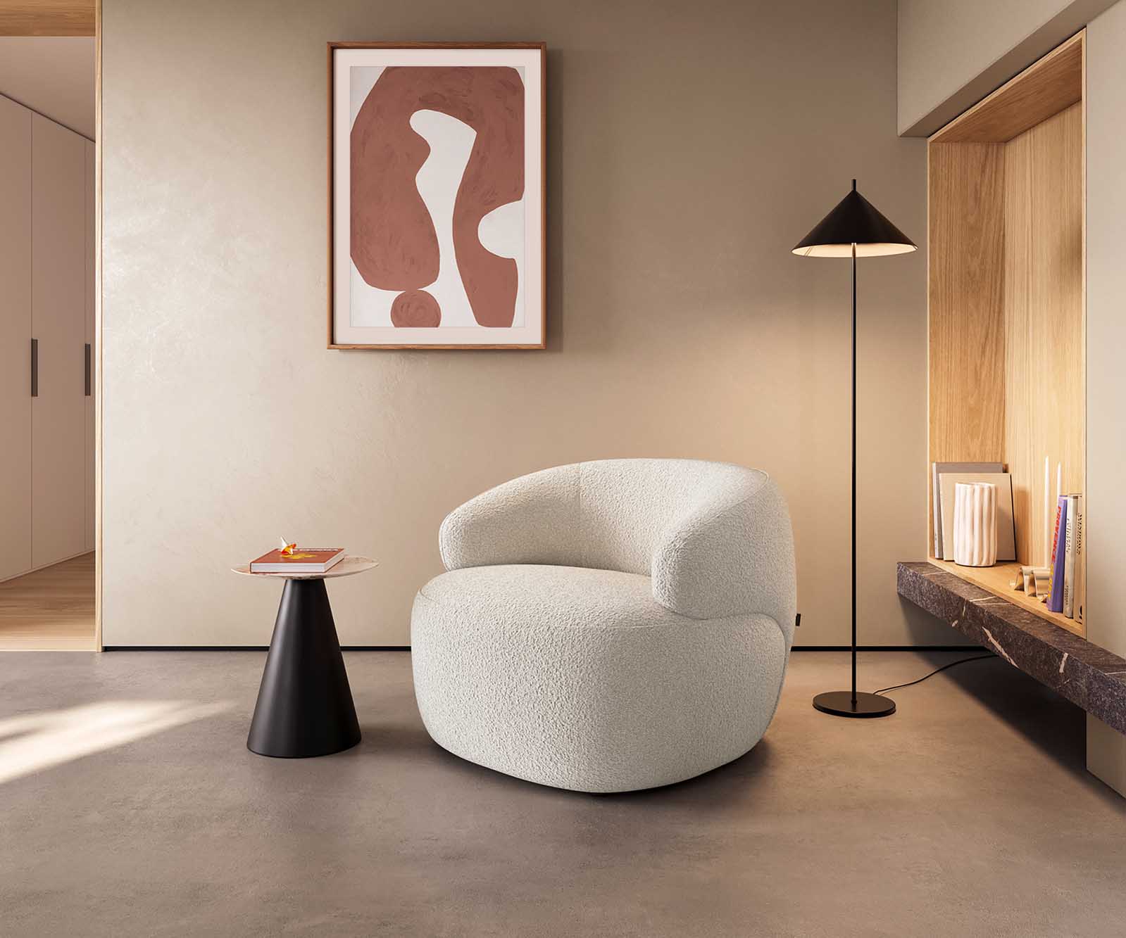 DELIFE Loungesessel Nova 88x88 cm Bouclé Creme-Weiß, Cocktailsessel
