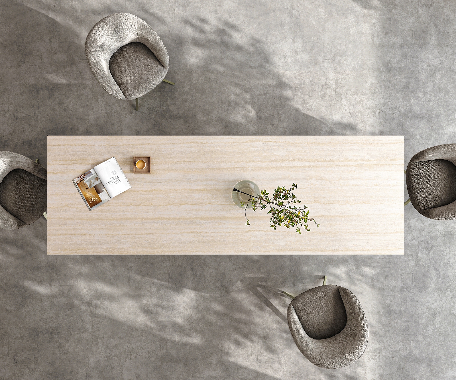 Esstisch Edge 300x100 Keramik Laminam® Travertino Bianco Creme-Weiß Infinity Metall Effektfinish Titan 6