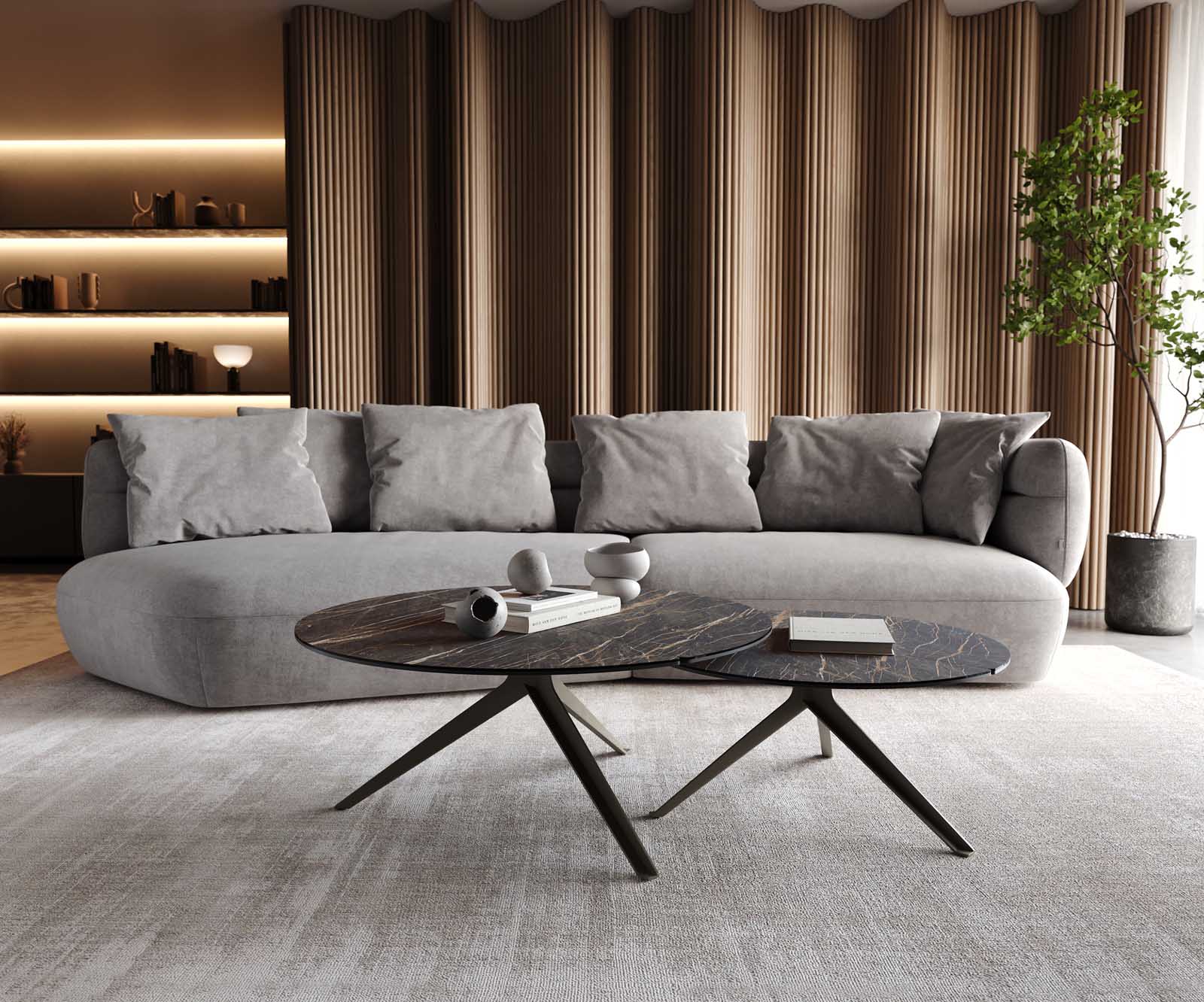 Couchtisch Delron 70x70 cm Keramik Laminam®Noir Desir Braun Kreuzfuß Flach Metall Effektfinish Titan 6