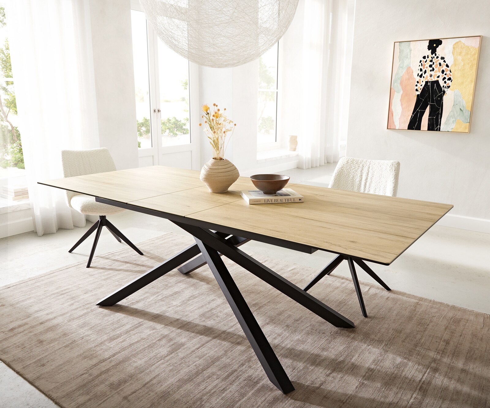Esstisch Edge 180-220x100 Keramik Laminam® Sabbia Eichefarbig Kreuzgestell Rechteck Schwarz ausziehbar 1