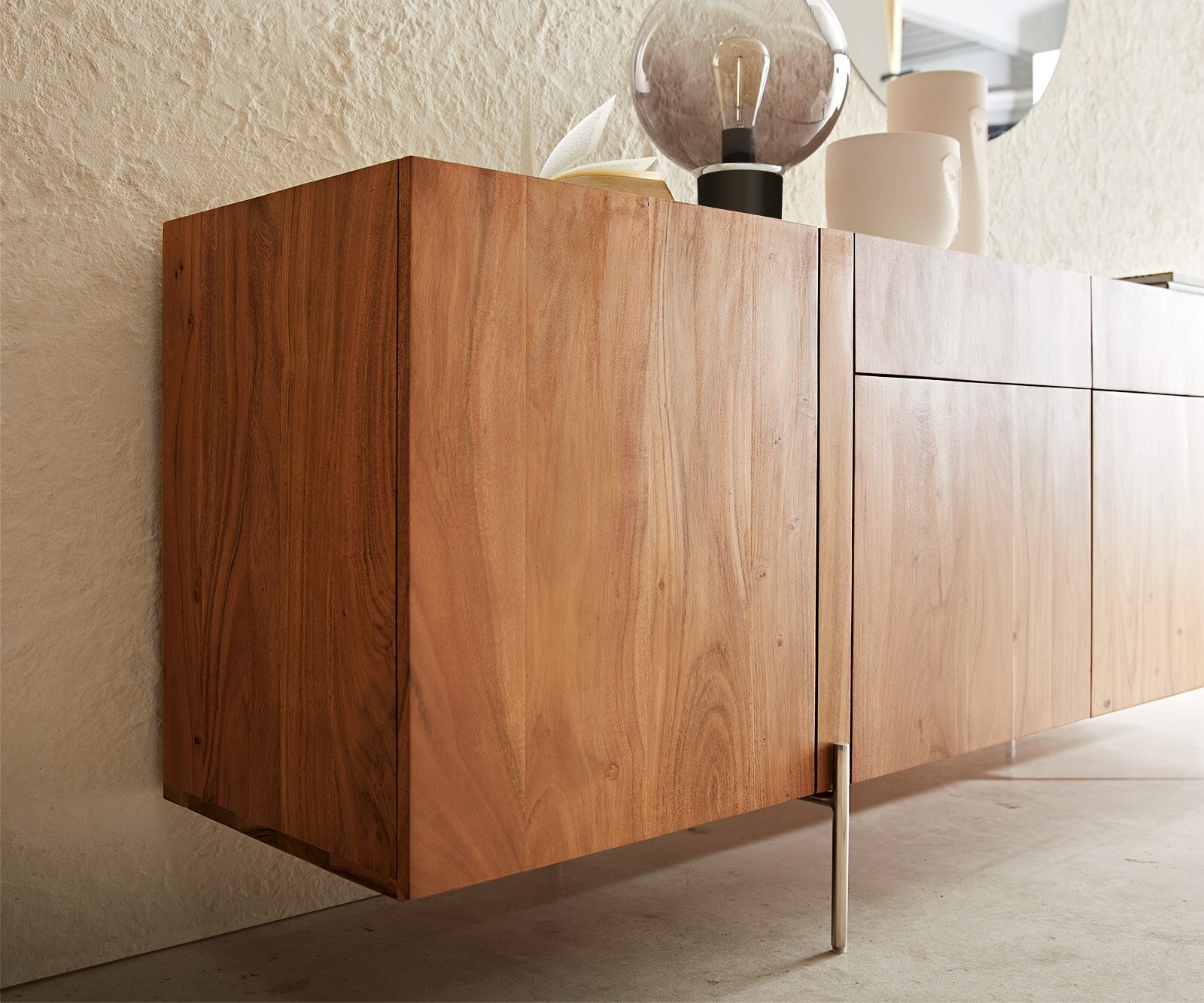 Sideboard Secara 200 cm Akazie Natur 4 Türen 2 Schübe Marmor Füße Edelstahl 4