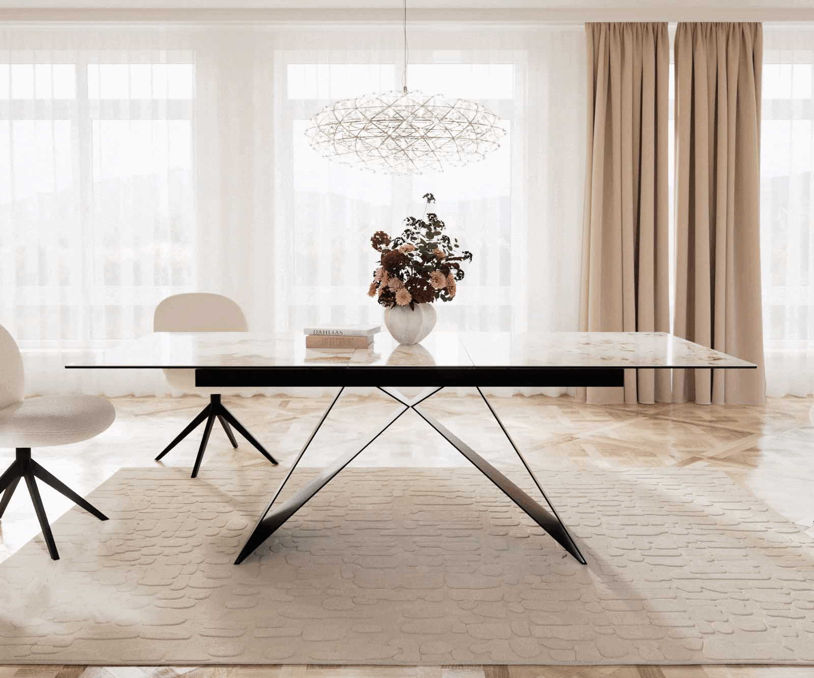 Esszimmertisch Edge Keramik Minas Melange Weiß-Beige 180-220x100 V-Gestell Flachstahl Schwarz ausziehbar