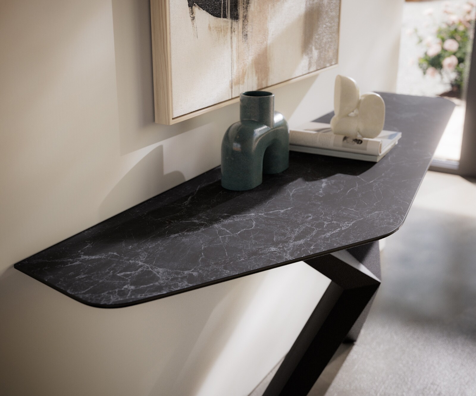 Konsolentisch Edge Polygonal 180x50 cm Keramik Laminam® Nero Greco Anthrazit Zentharo Metall Schwarz 3