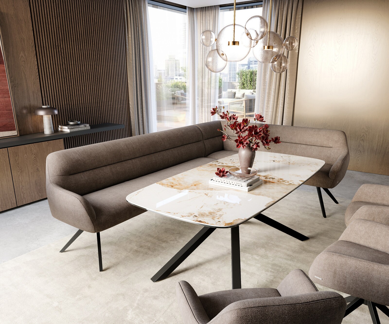 Esszimmerbank Taya-Flex 285x190 cm Strukturstoff Soft Taupe Kreuzgestell kantig Schwarz Taschenfederkern Links 1