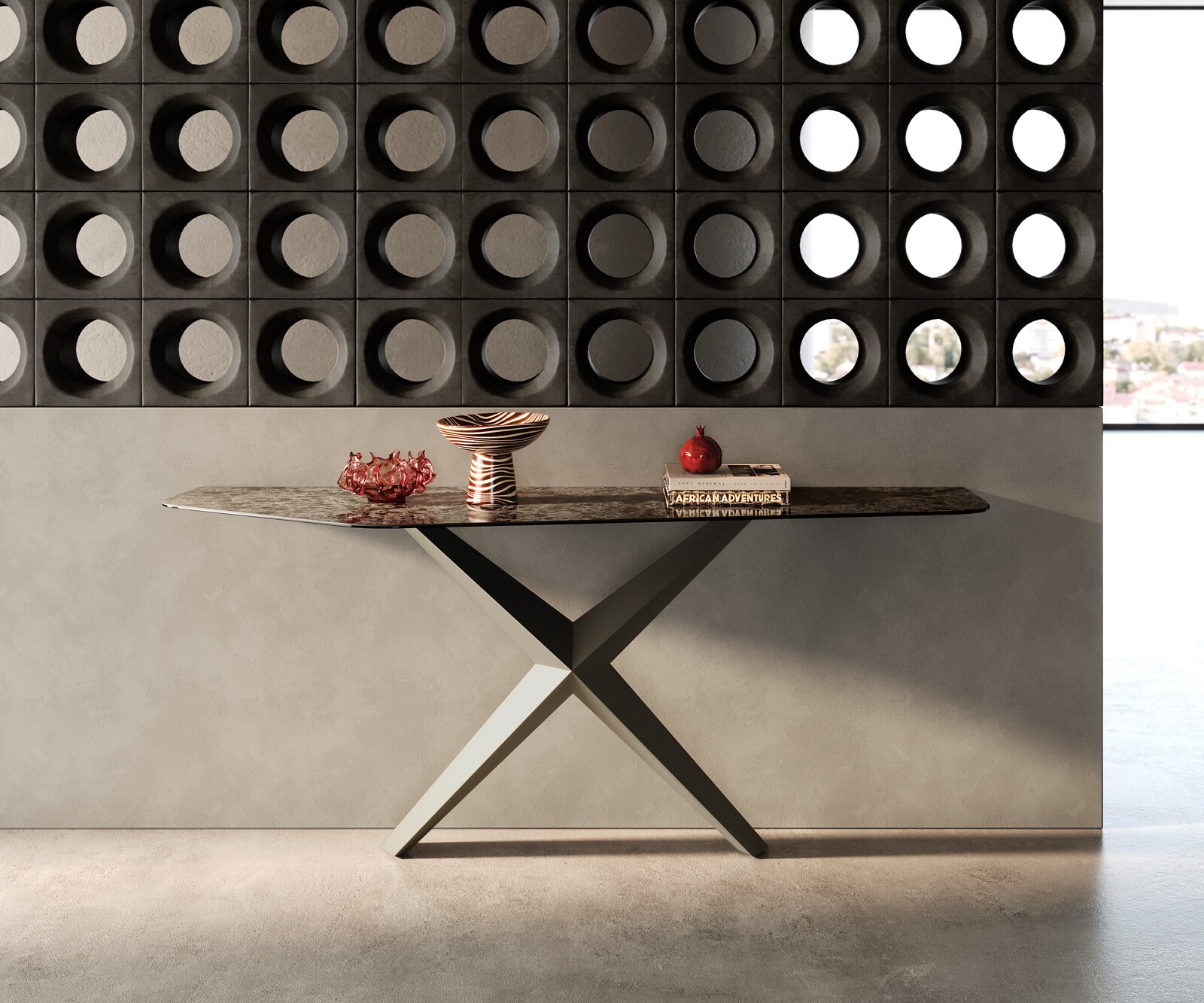 Konsolentisch Edge Polygonal 180x50 cm Keramik Emperador Extra Lucidato Dunkelbraun Zentharo Metall Effektfinish Titan 3