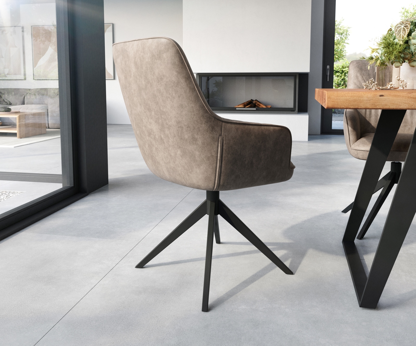 Esszimmerstuhl Zelia-Flex mit Armlehnen Mikrofaser Taupe Vintage Kreuzgestell breit Schwarz Taschenfederkern 5
