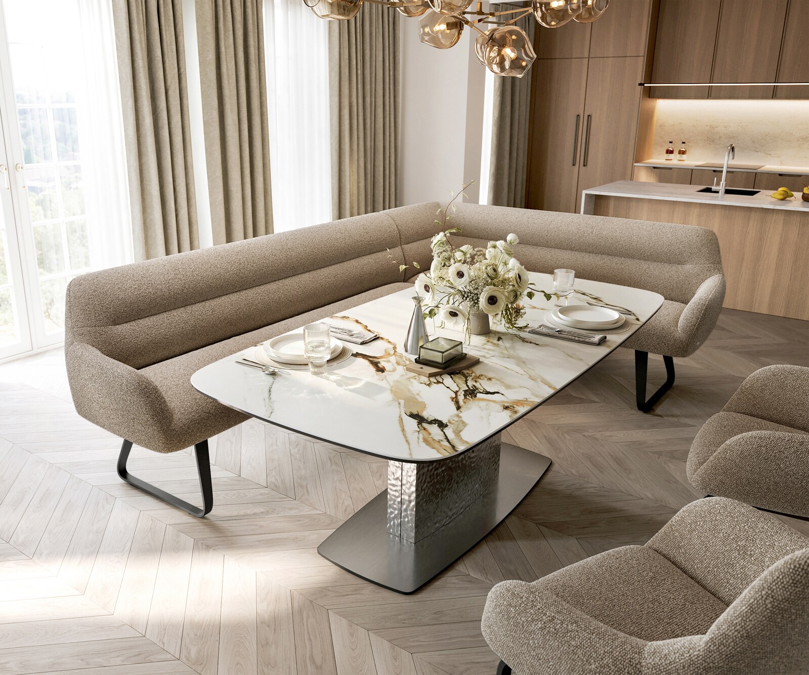 Esszimmerbank Taya-Flex 285x190 cm Bouclé Schlamm Kufengestell flach Schwarz Taschenfederkern Links 1