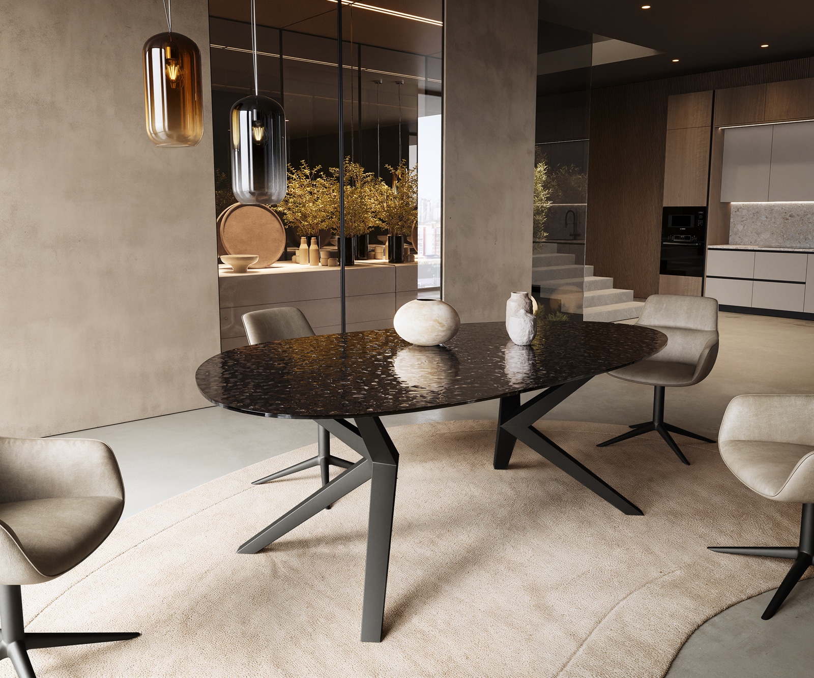 Esstisch Edge Oval 220x120 Reliefglas Rauchschwarz 3D-Design Zenthara kantig Metall Schwarz 1