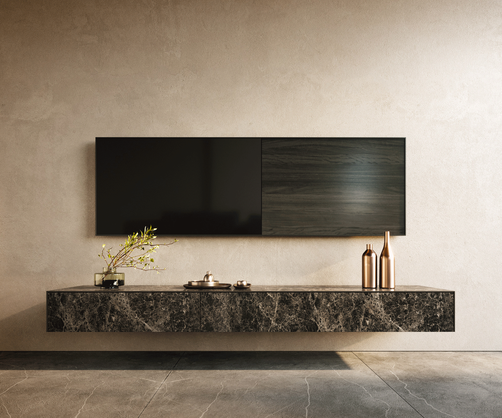Lowboard Cuor 200 cm Keramik Laminam® Emperador Extra Lucidato Dunkelbraun 1 Klappe 1 Schubfach Schwebend 1