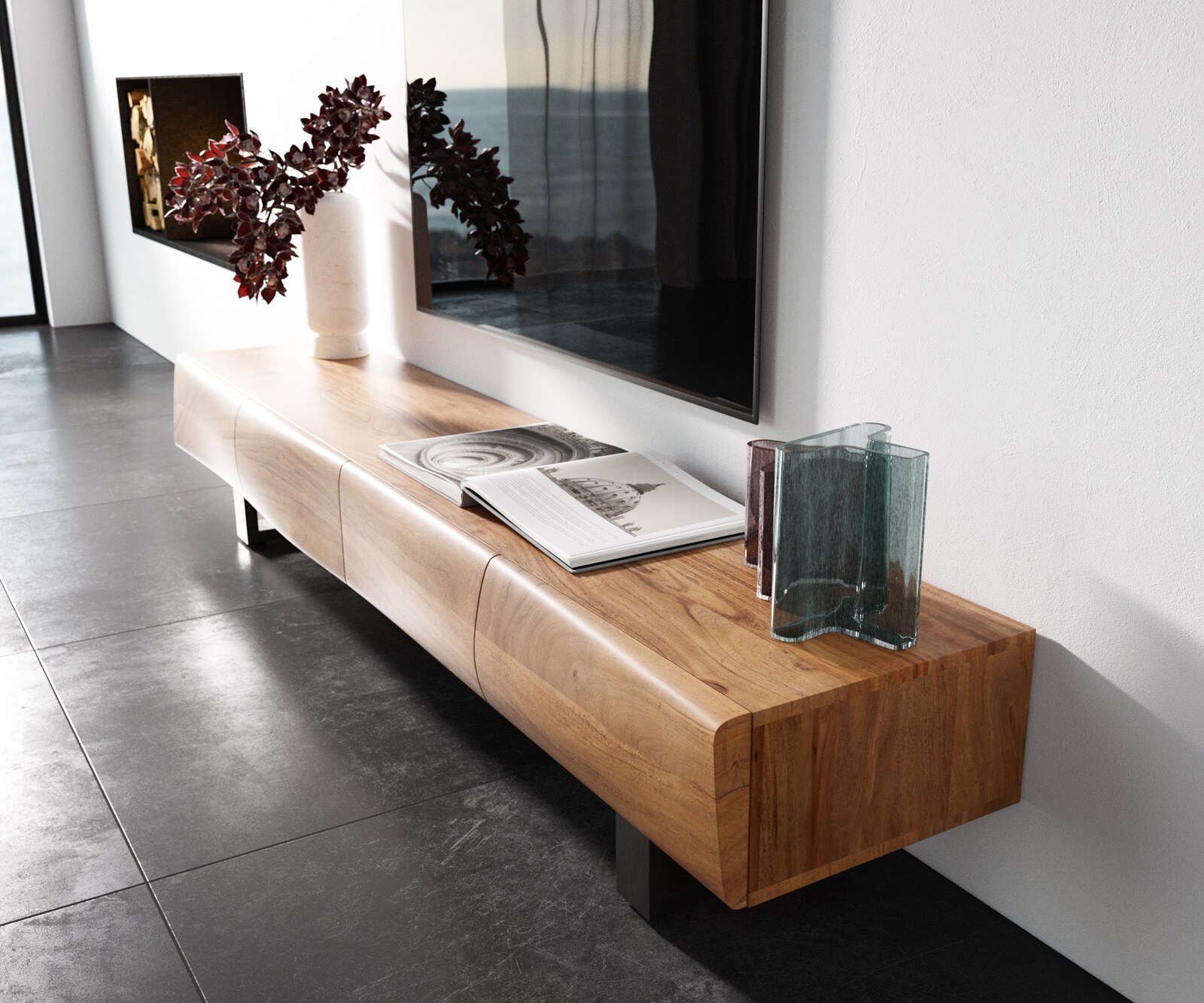 Lowboard New Live-Edge 200 cm Akazie Natur 4 Türen Kufe Edelstahl gebürstet 1