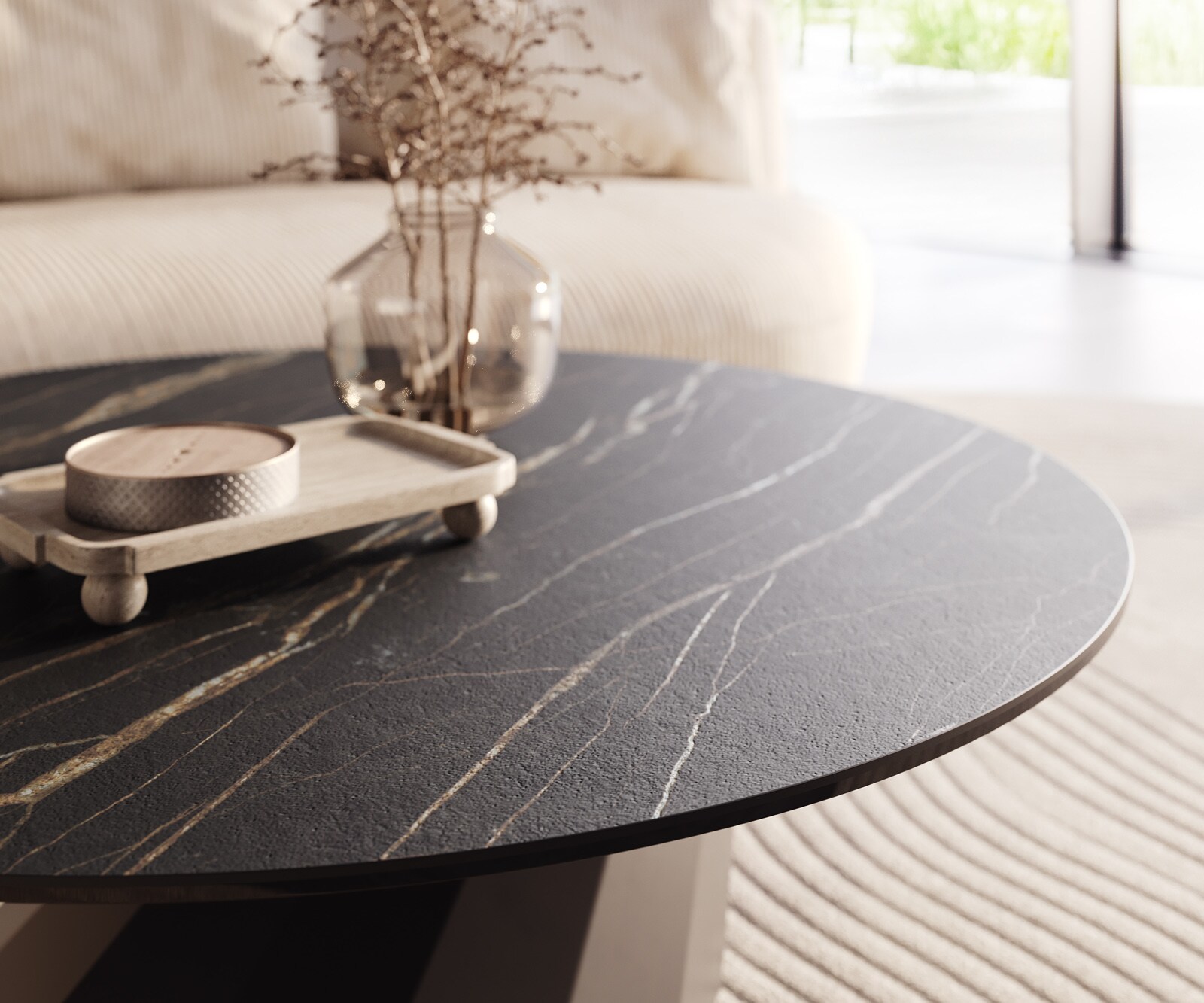 Couchtisch Edge Rund 100x100 cm Keramik Laminam® Noir Desir Braun Parabi Metall Schwarz 3