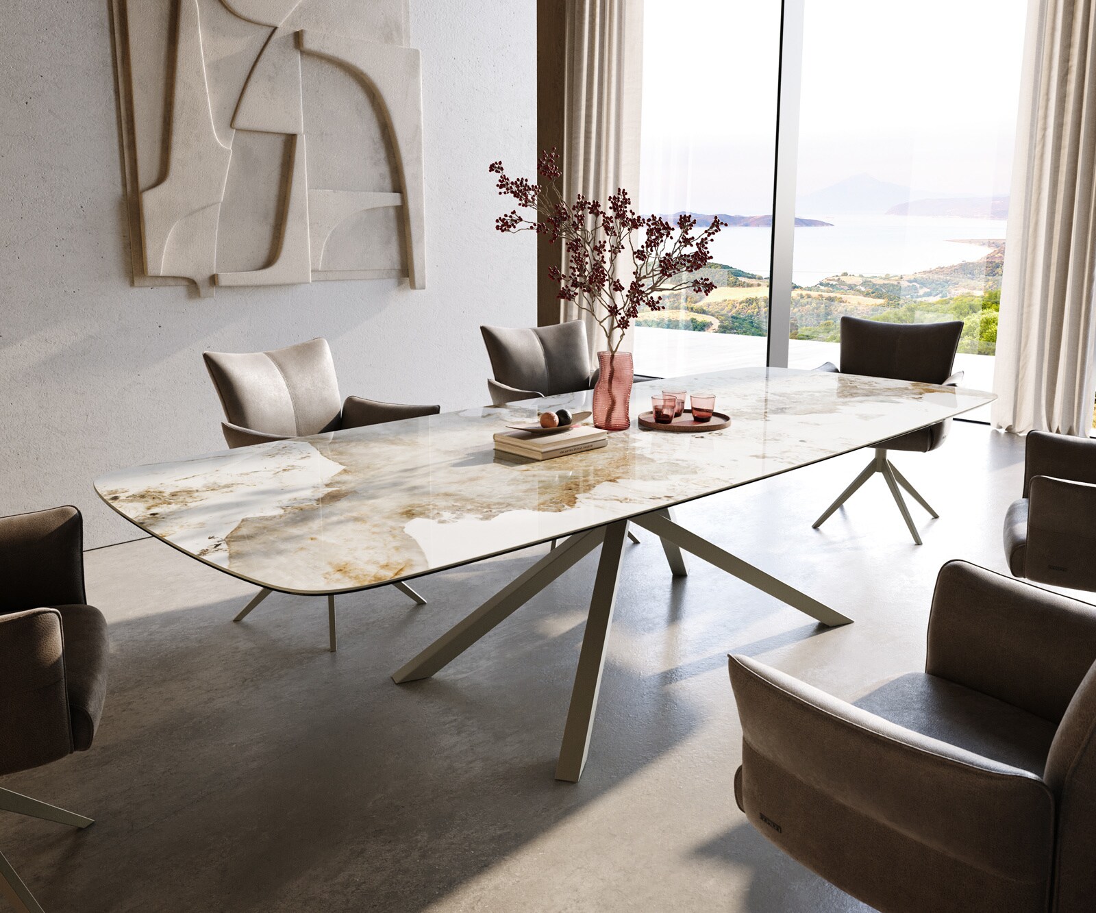 Esstisch Edge Boot 300x120 cm Keramik Minas Melange Weiß-Beige Kreuzgestell Rechteck Effektfinish Titan 1