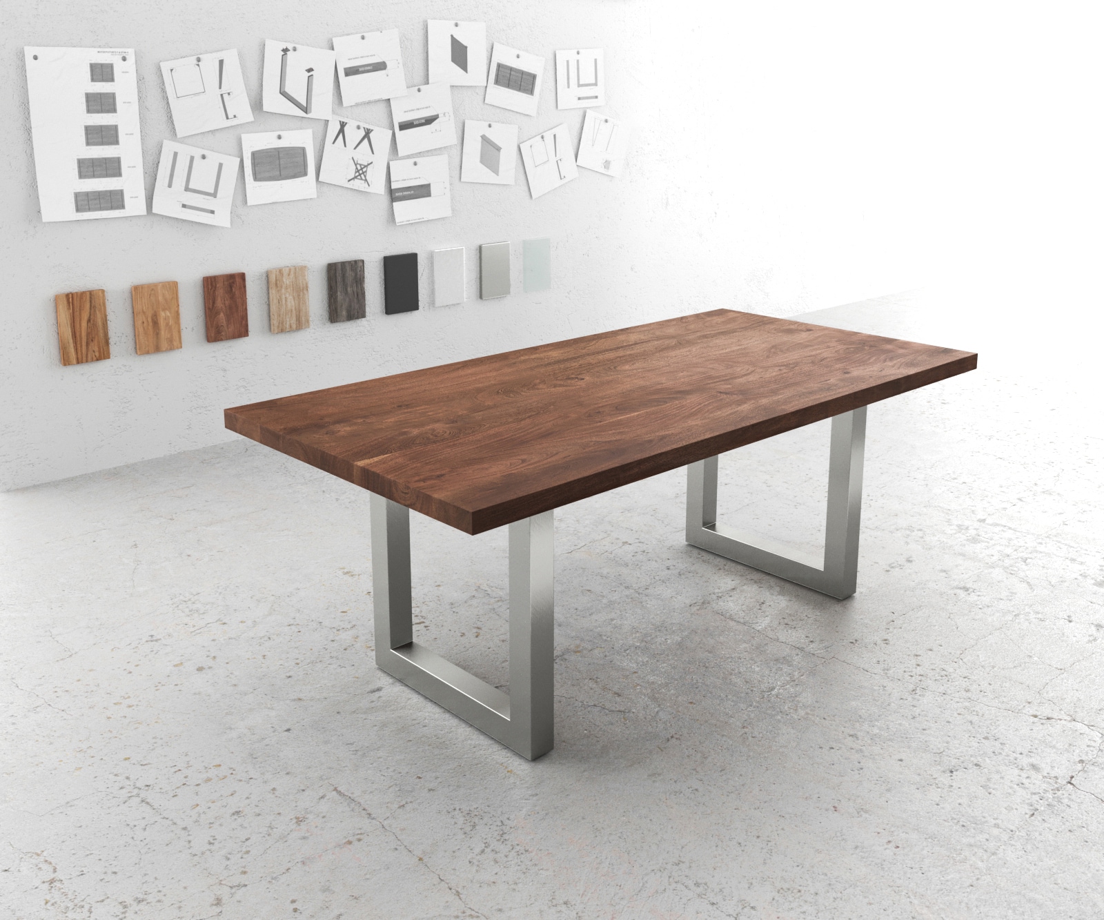 DELIFE Esstisch Edge 200x100 XL Akazie Braun Edelstahl Breit