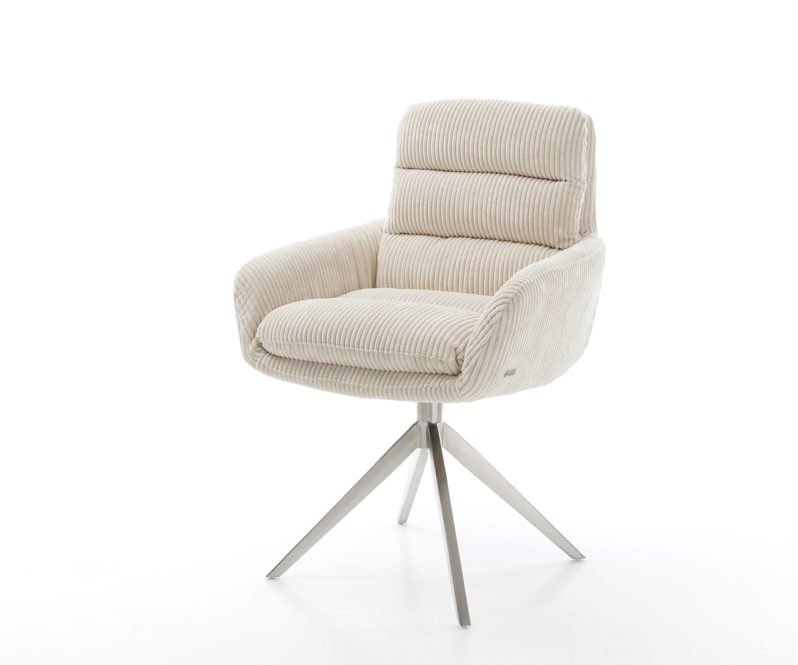 Esszimmerstuhl Abelia-Flex mit Armlehnen Cord Beige Kreuzgestell breit Edelstahl