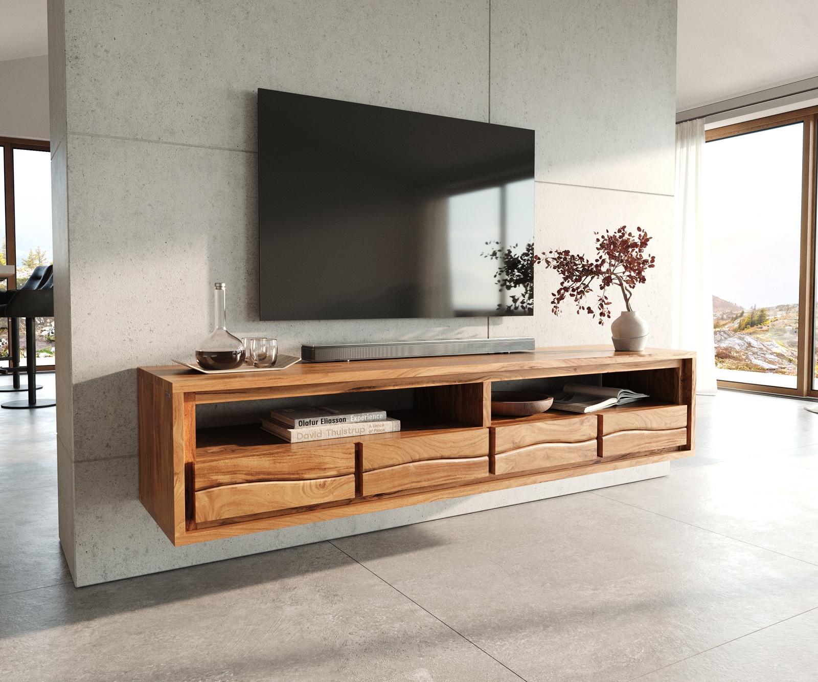 Fernsehtisch Live-Edge Akazie 190 cm mit Schubkästen Baumkante 5 Fernsehtisch Live-Edge Akazie 190 cm mit Schubkästen Baumkante 5