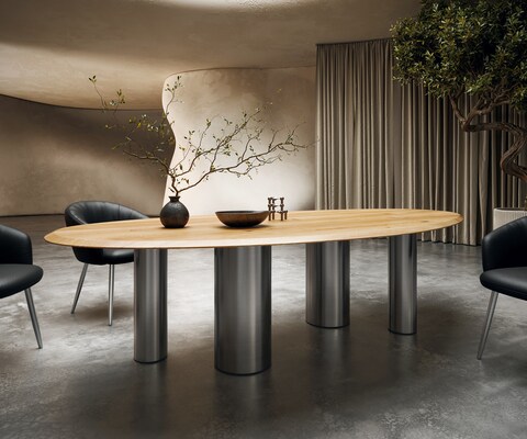 Esstisch Edge Oval 280x130x2,5 Eiche Natur Pilier Edelstahl gebürstet Flow-Edge