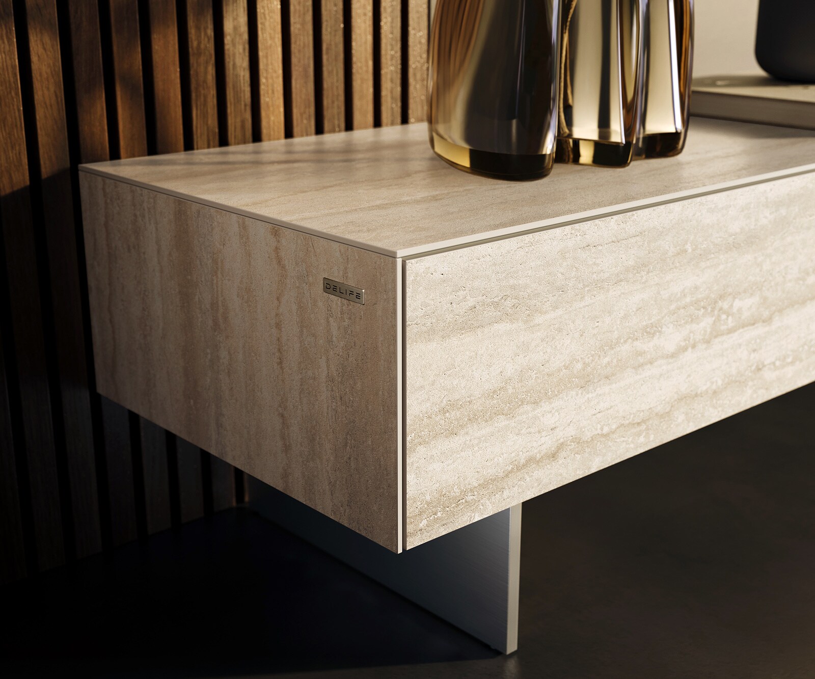 Lowboard Cuor 200 cm Keramik Laminam® Travertino Bianco Creme-Weiß 1 Klappe 1 Schubfach Schwebend 5