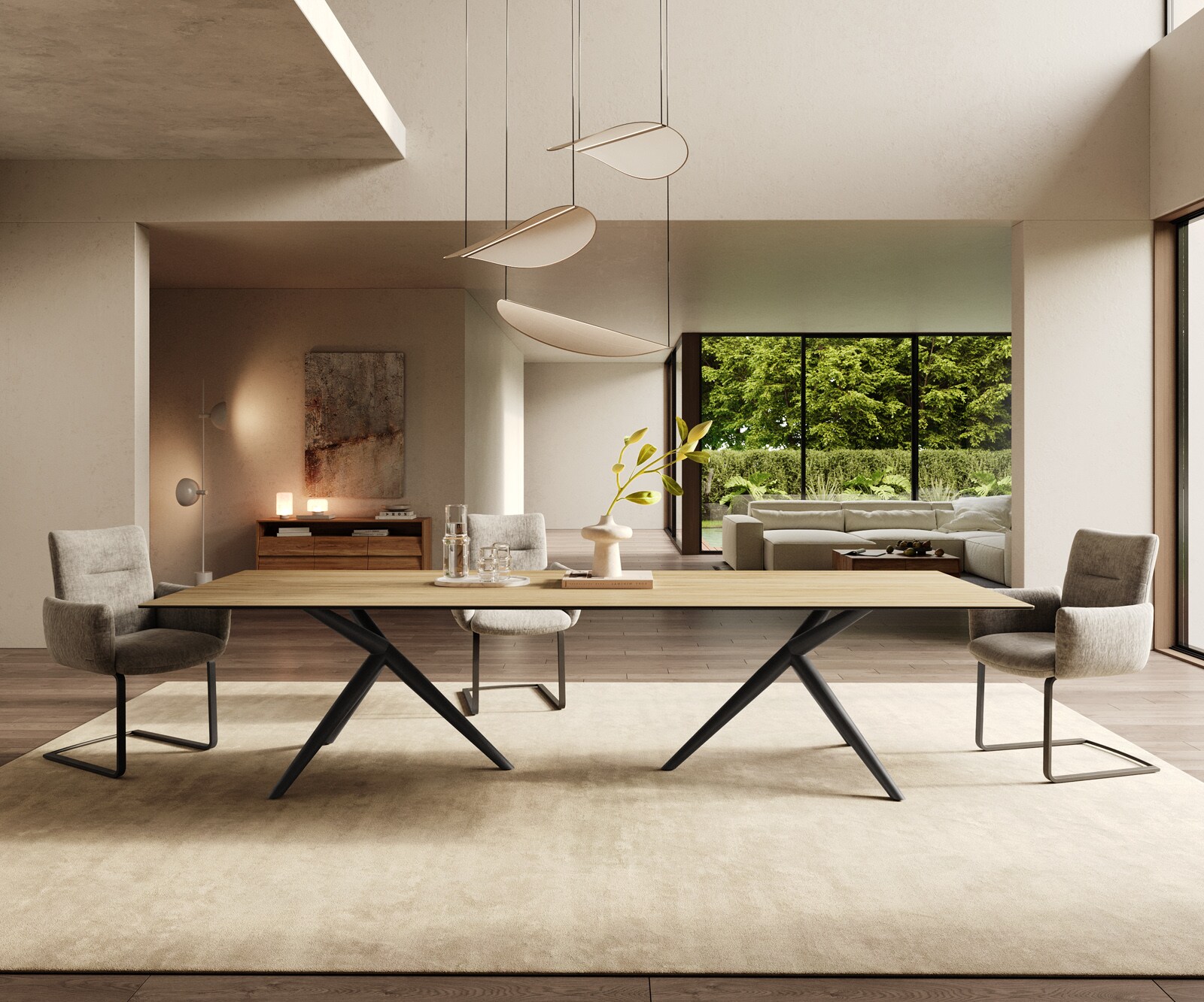 Esstisch Edge 300x100 Keramik Laminam® Sabbia Eichefarbig Estelar rund Metall Schwarz 2