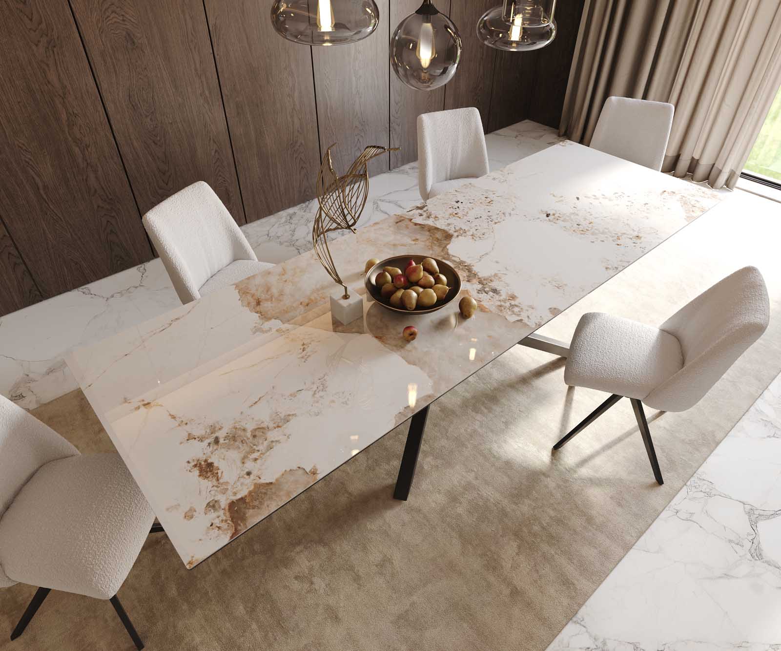 Esstisch Edge 300x100 Keramik Minas Melange Weiß-Beige Kreuzgestell Rechteck Schwarz 5