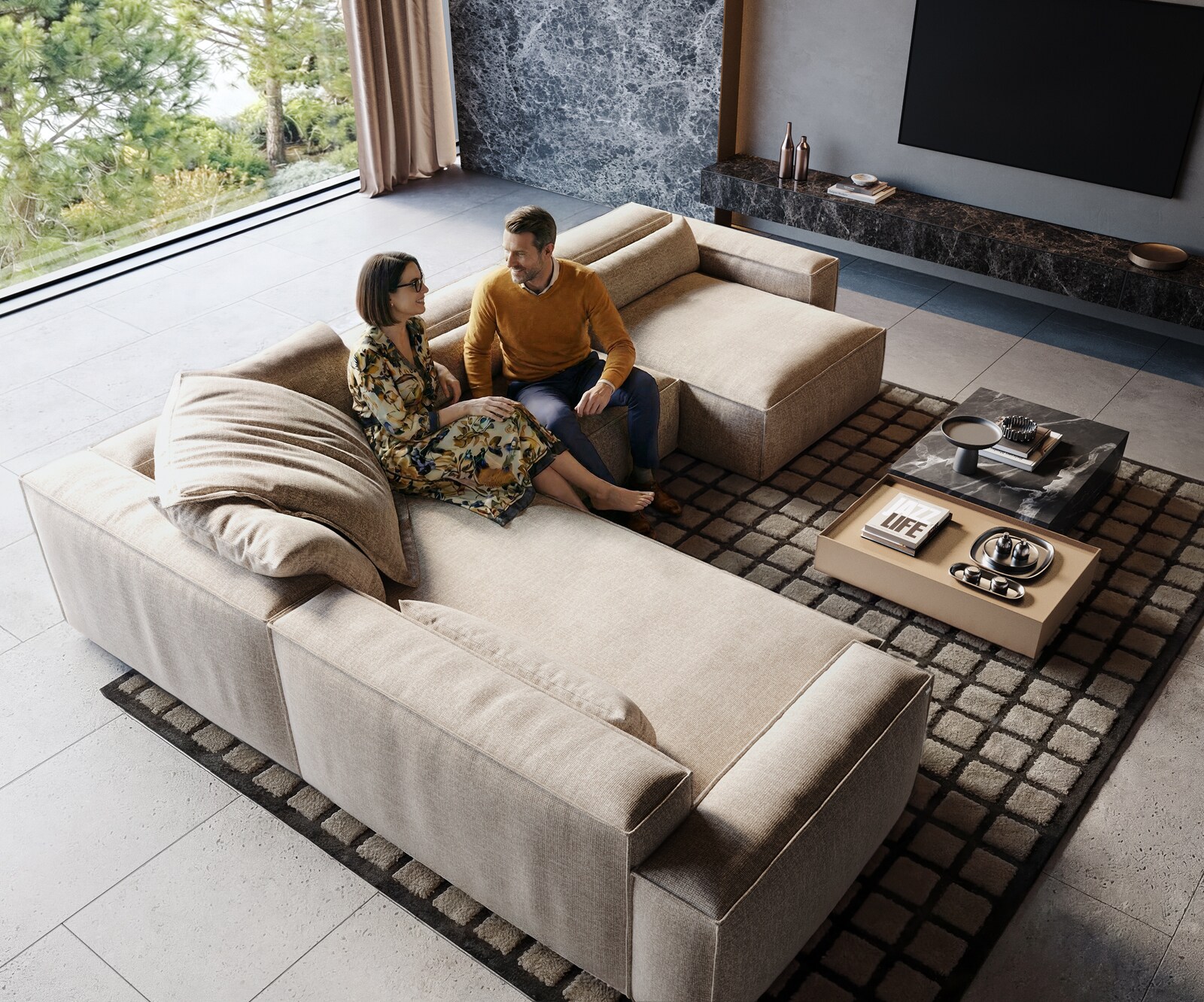 Wohnlandschaft Freestyle 360x290 cm Webstoff Soft Beige Kedernaht 1