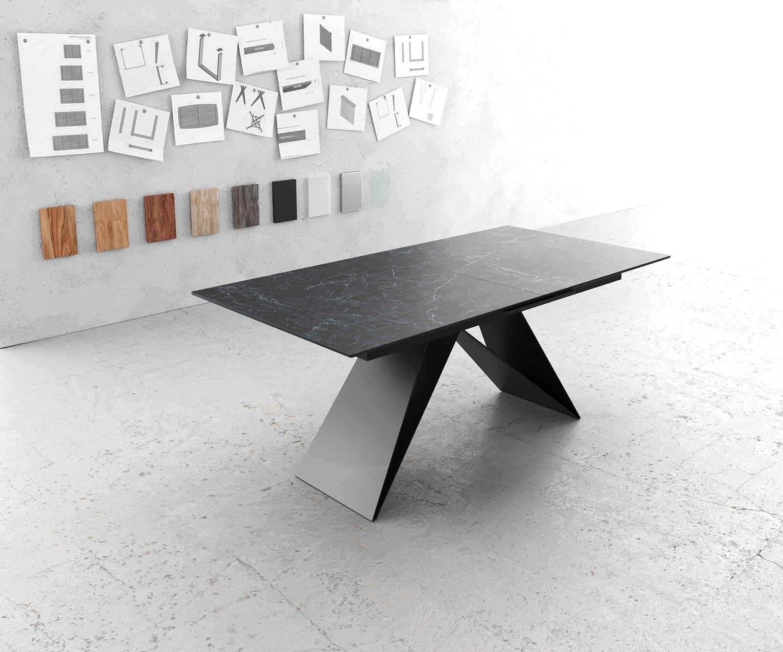 Esstisch Edge 180-220x90cm Keramik Laminam®Nero Greco Anthrazit V-Mittelfuß Schwarz ausziehbar 2