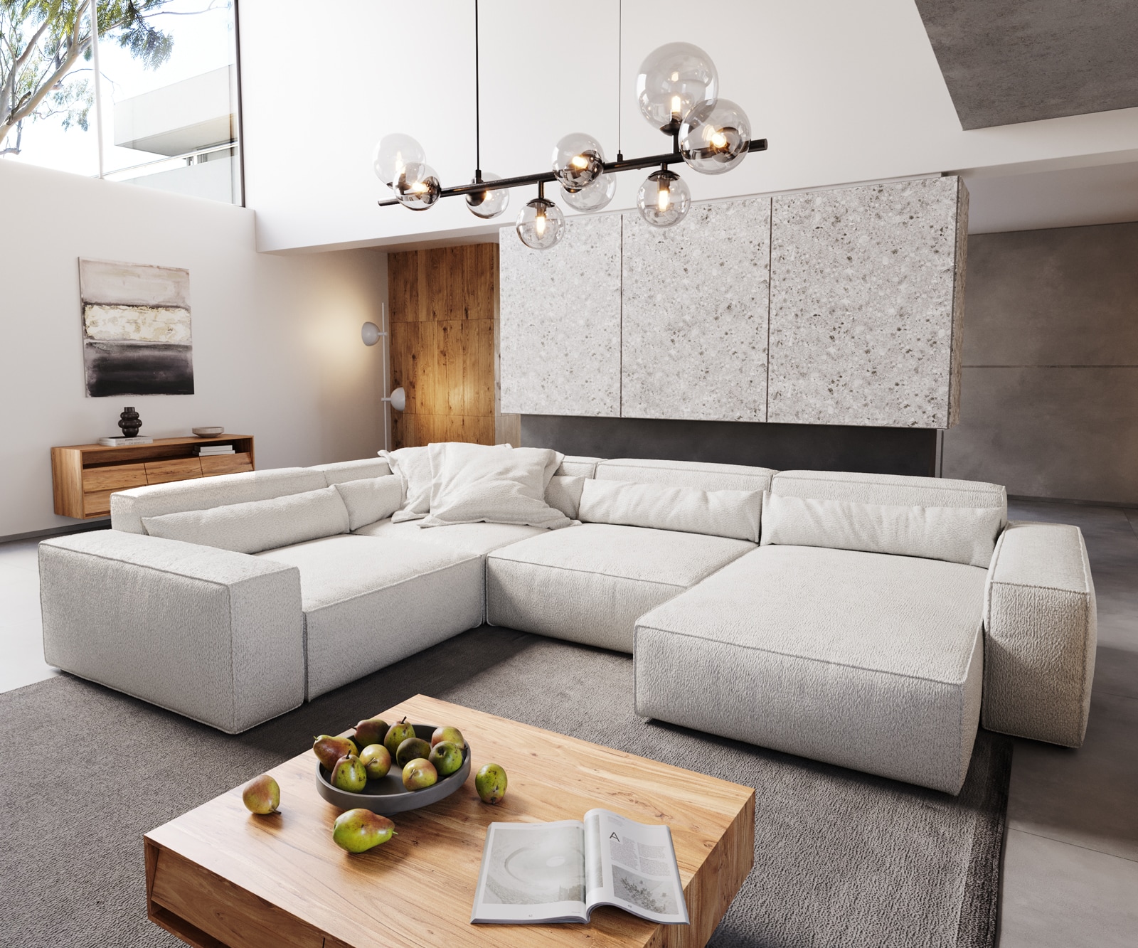 Wohnlandschaft Sirpio XL 360x260 cm Bouclé Creme-Weiß Recamiere variabel Wohnlandschaft Sirpio XL 360x260 cm Bouclé Creme-Weiß Recamiere variabel