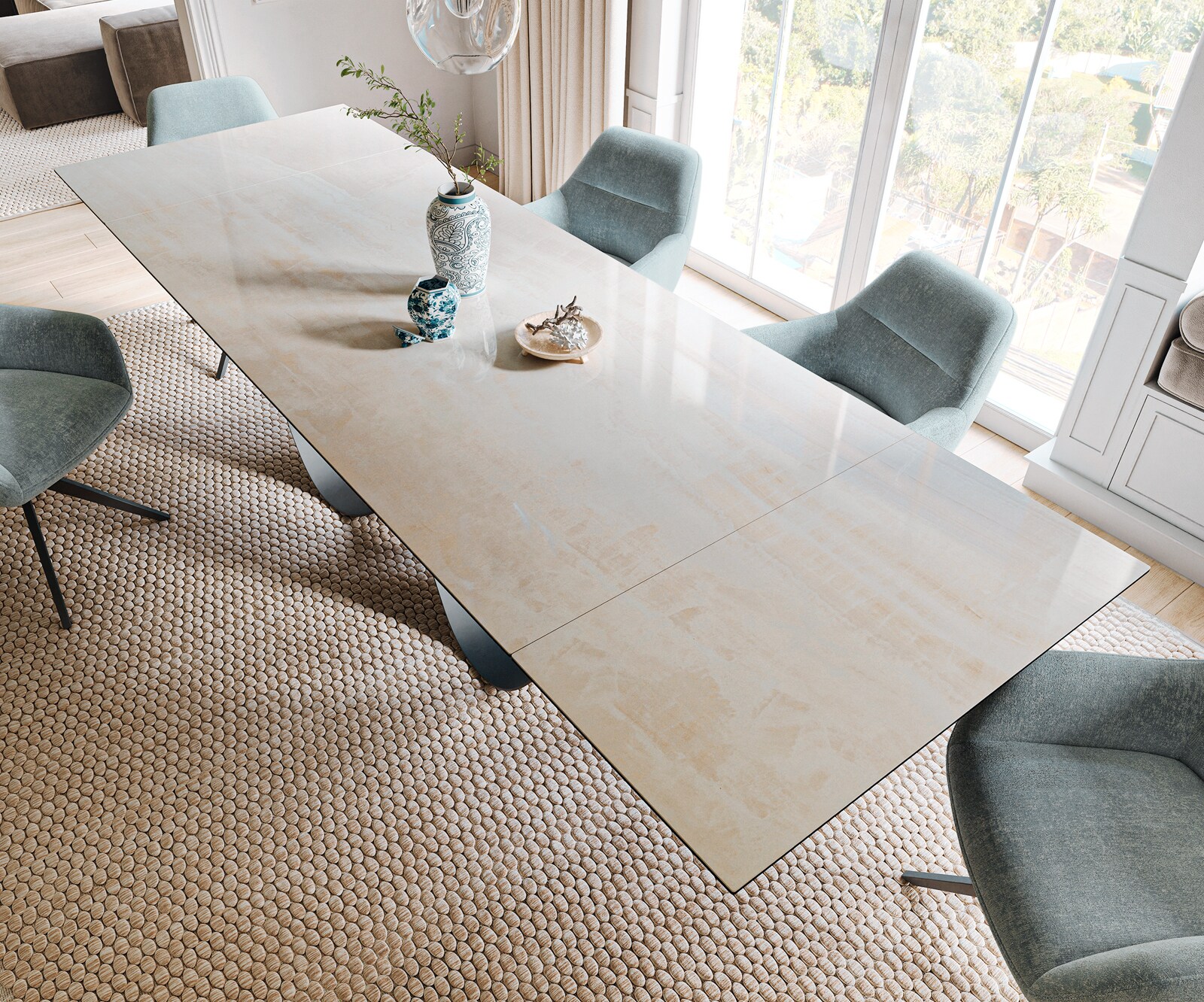 Esstisch Edge 200-300x100 cm Keramik Onyx Champagne Infinity Metall Schwarz ausziehbar 4