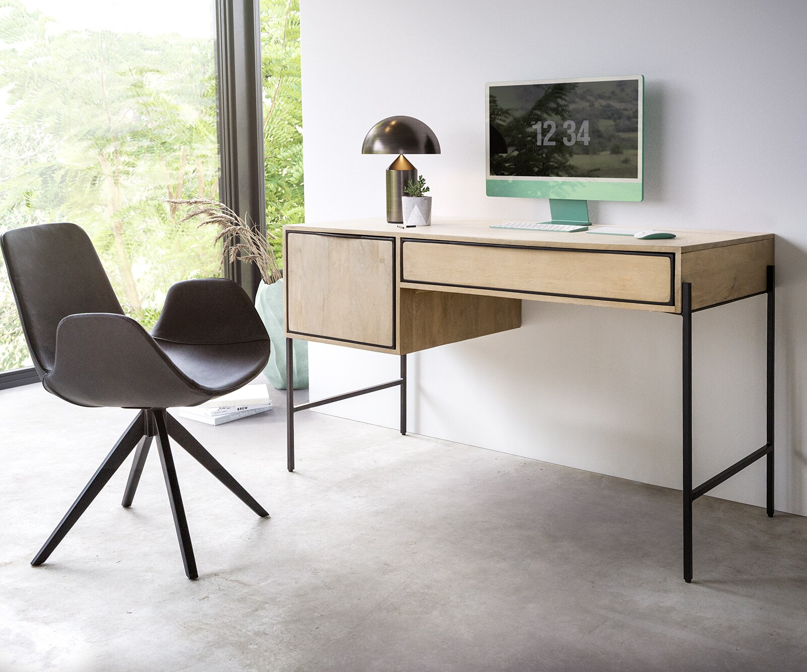 Schreibtisch Henrikus 130x60cm Mango White Wash Metall Schwarz