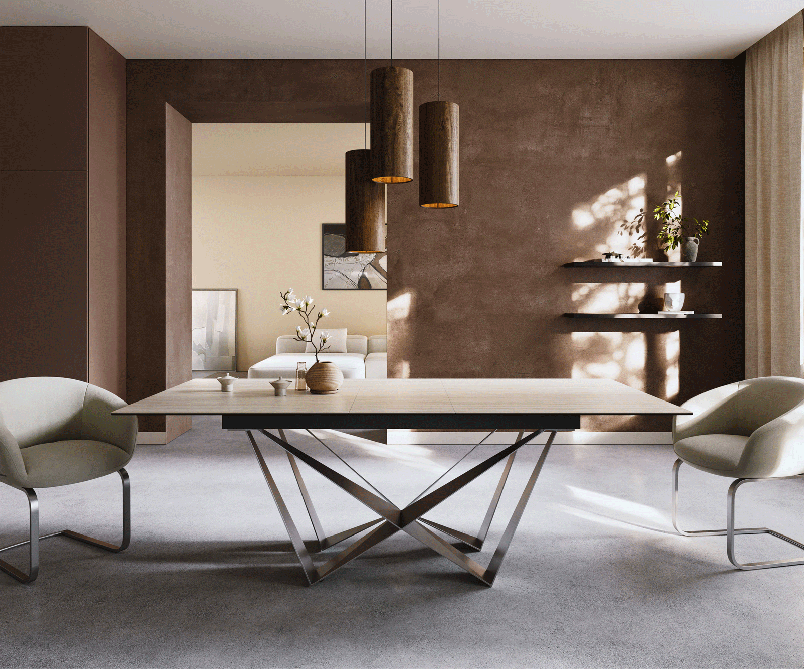 Esstisch Edge 180-220x100 Keramik Laminam® Travertino Bianco Creme-Weiß Spider Flachstahl Edelstahl ausziehbar 2