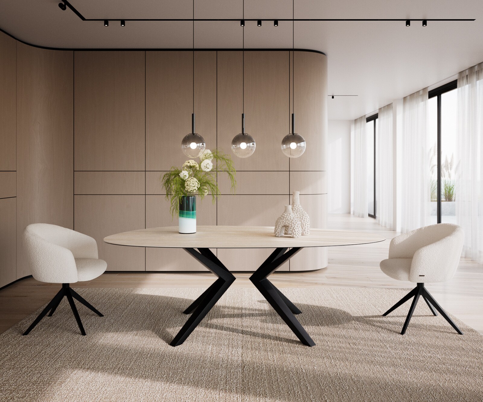 Esstisch Edge Oval 220x120 Keramik Laminam®Travertino Bianco Creme-Weiß​ Zenthara kantig Metall Schwarz 1