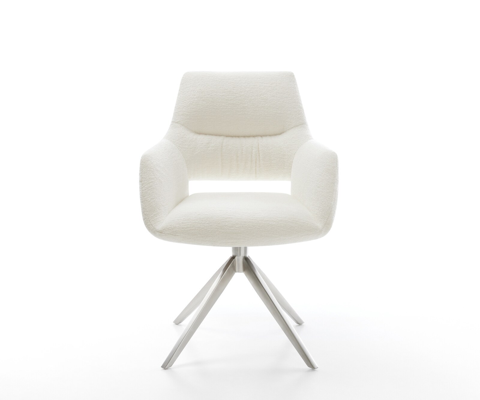 Drehstuhl Yago-Flex mit Armlehnen Bouclé Soft Beige Kreuzgestell breit Edelstahl 360° drehbar Wippfunktion Taschenfederkern 1