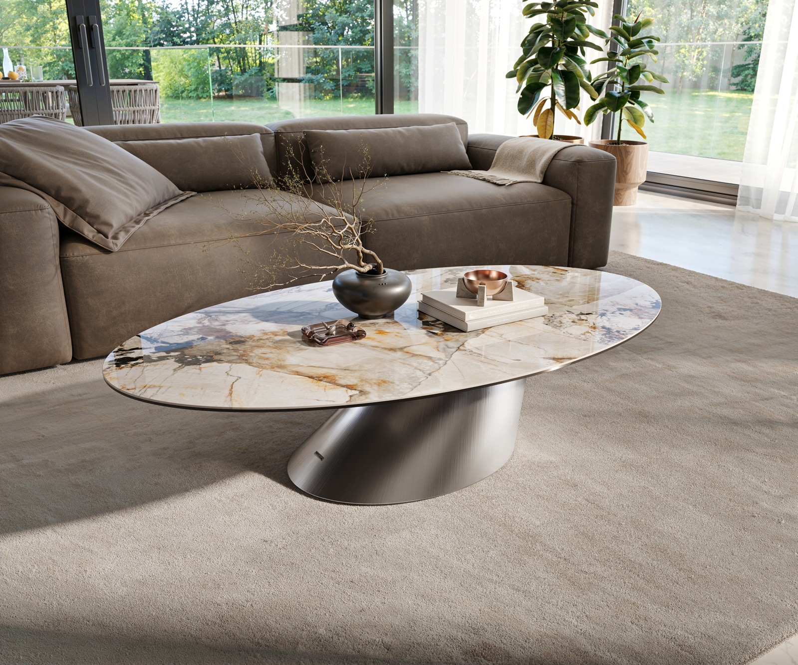 Couchtisch Edge Oval 140x80 cm Keramik Patagonia Poliert Conis Edelstahl gebürstet