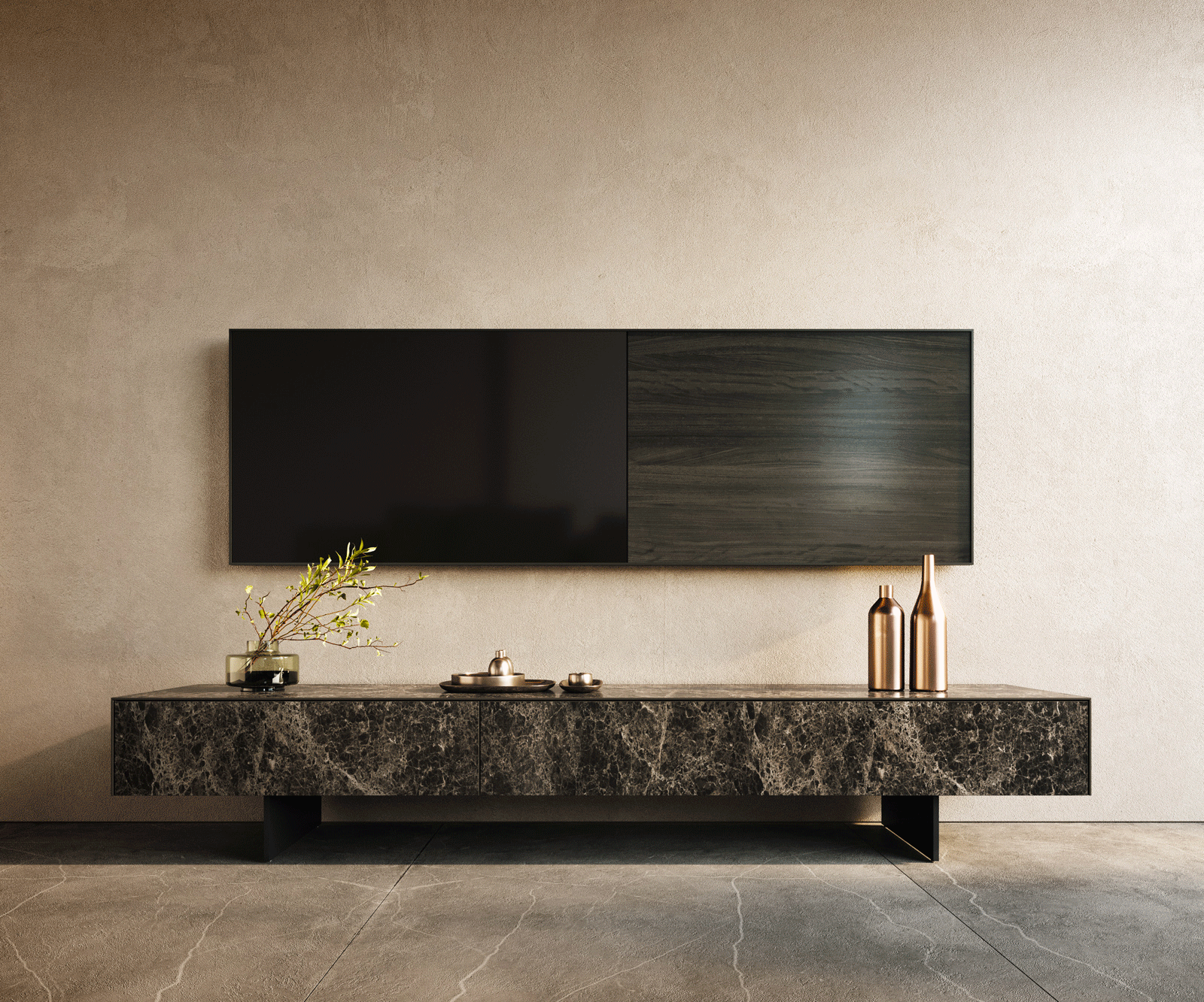 Lowboard Cuor 200 cm Keramik Laminam® Emperador Extra Lucidato Dunkelbraun 1 Klappe 1 Schubfach Fuß Schwebeoptik Metall Schwarz 1