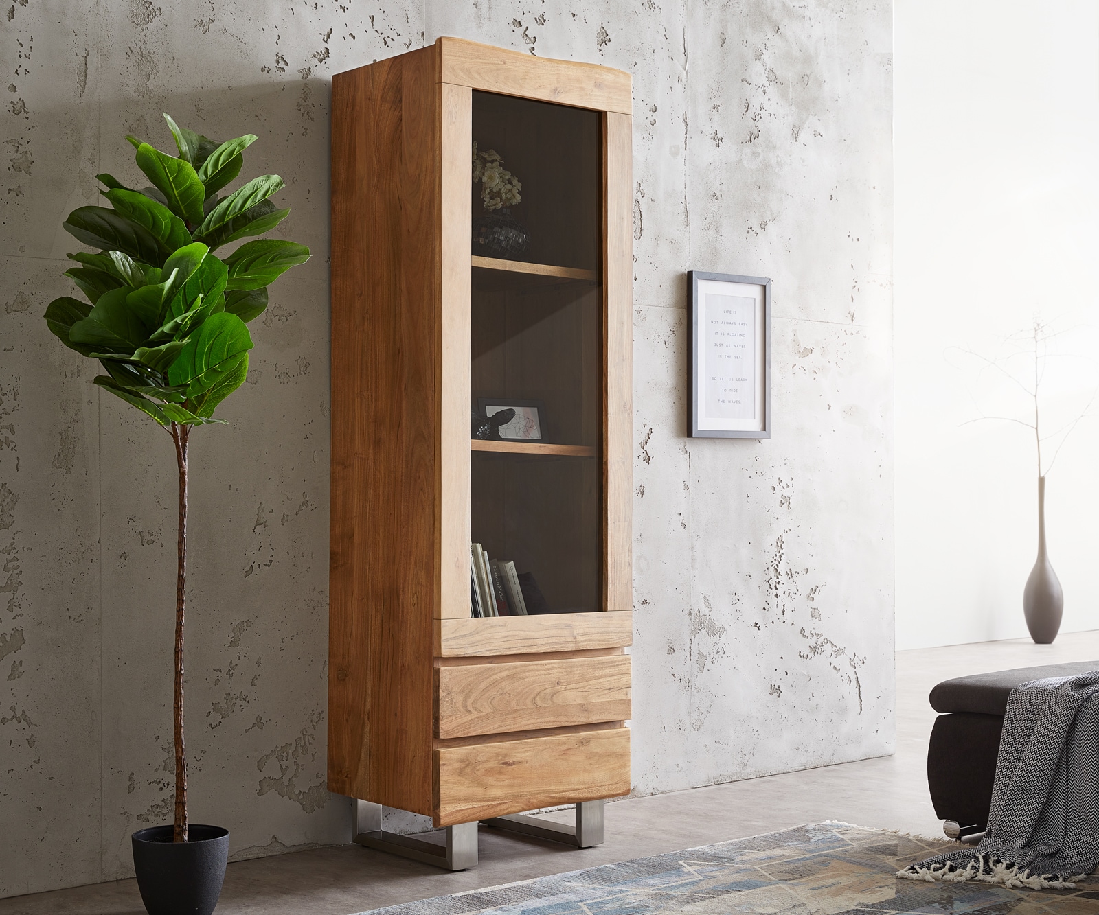 Vitrine Live-Edge 60x190 cm Akazie Natur Baumkante 1 Tür 2 Schubladen Massiv