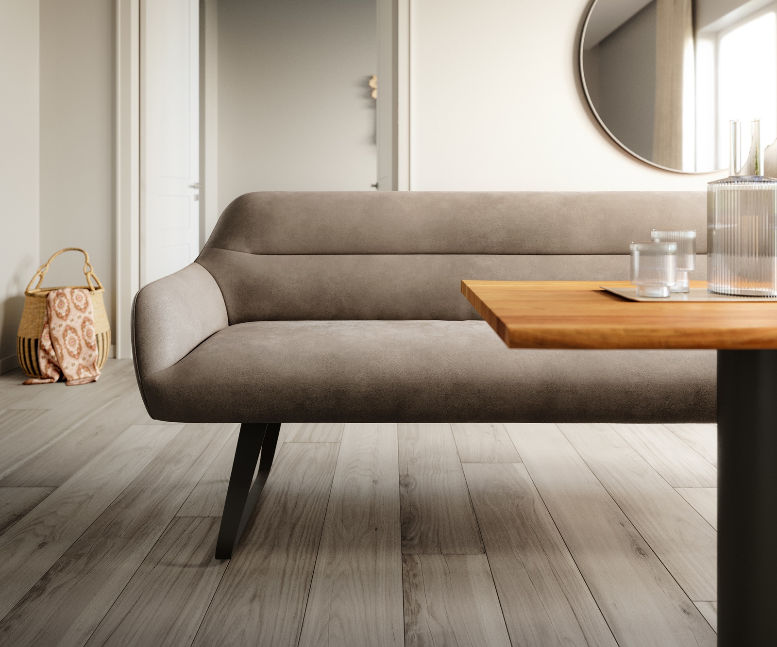 Esszimmerbank Taya-Flex 200 cm Mikrofaser Taupe Vintage Kufengestell flach Schwarz Taschenfederkern 1