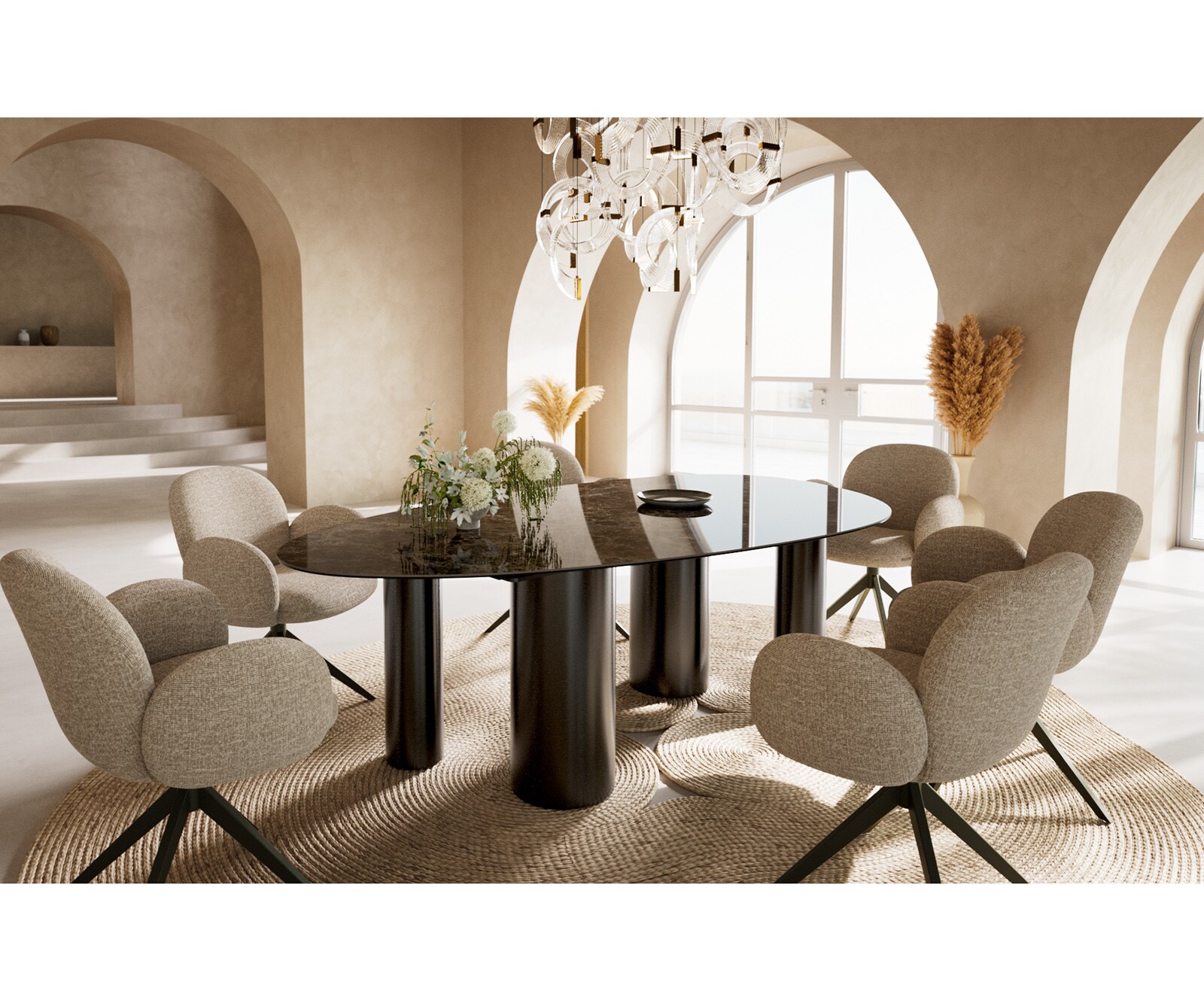 Esstisch Edge Oval 220x120 Keramik Laminam®Emperador Extra Lucidato Dunkelbraun Pilier Edelstahl Graphit 6