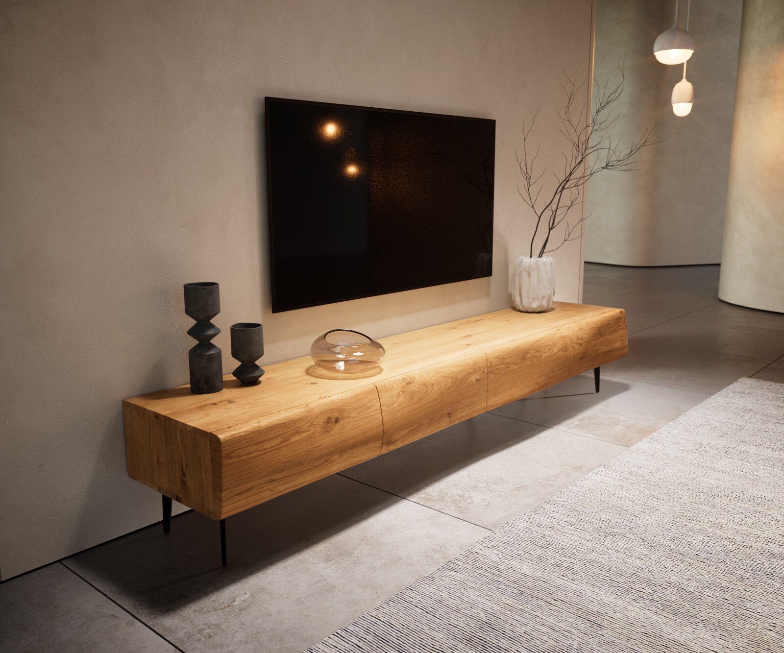 Lowboard New Live-Edge 200 cm Eiche Natur 4 Türen Winkelfuß Metall Schwarz 4