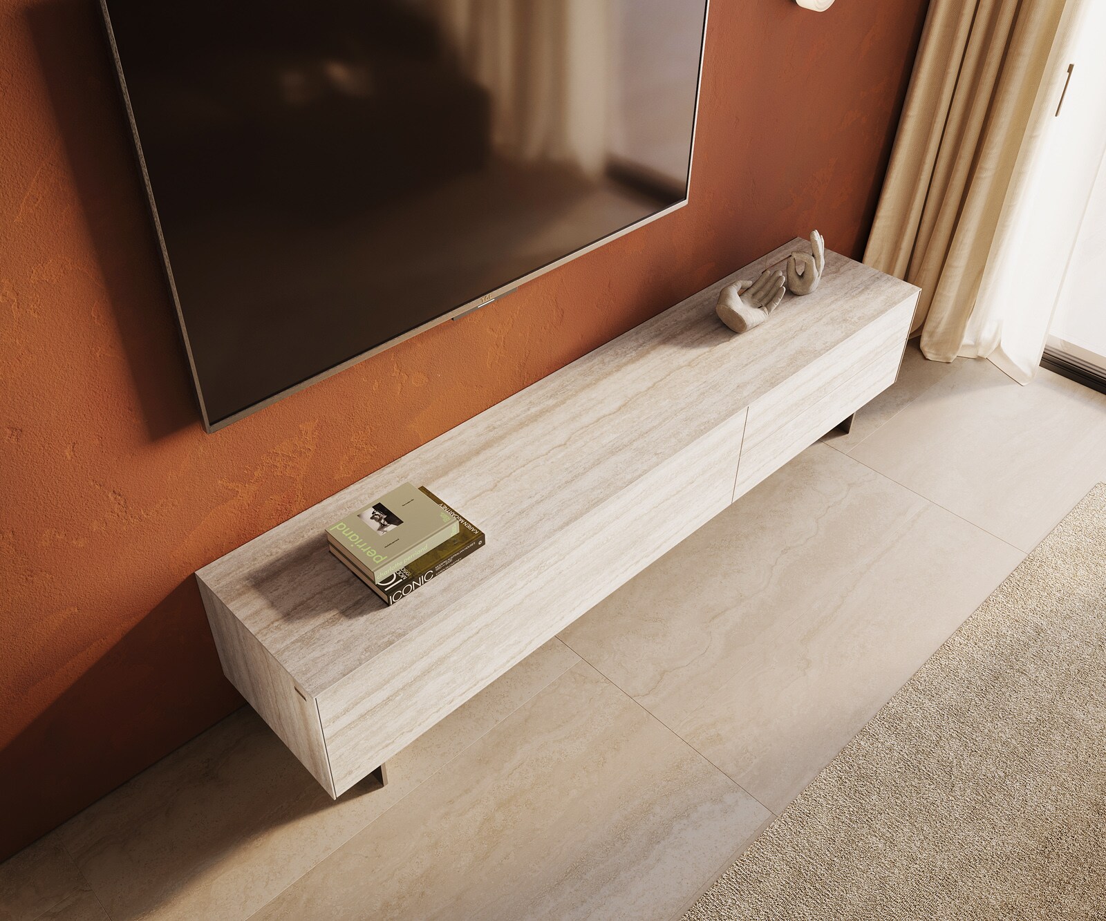 Lowboard Cuor 220 cm Keramik Laminam® Travertino Bianco Creme-Weiß 1 Klappe 2 Schubfächer Fuß Schwebeoptik Edelstahl 3