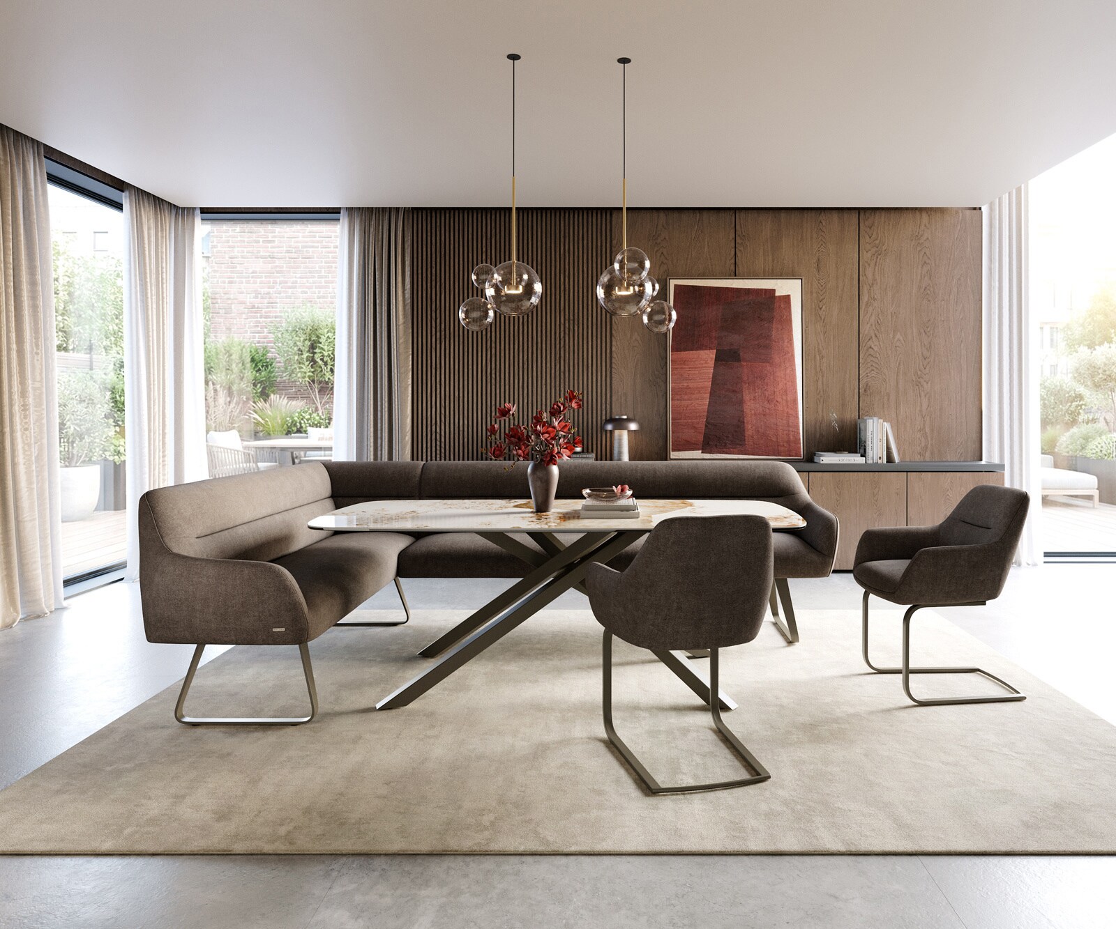 Esszimmerbank Taya-Flex 285x190 cm Strukturstoff Soft Taupe Kufengestell flach Effektfinish Titan Taschenfederkern Rechts 2