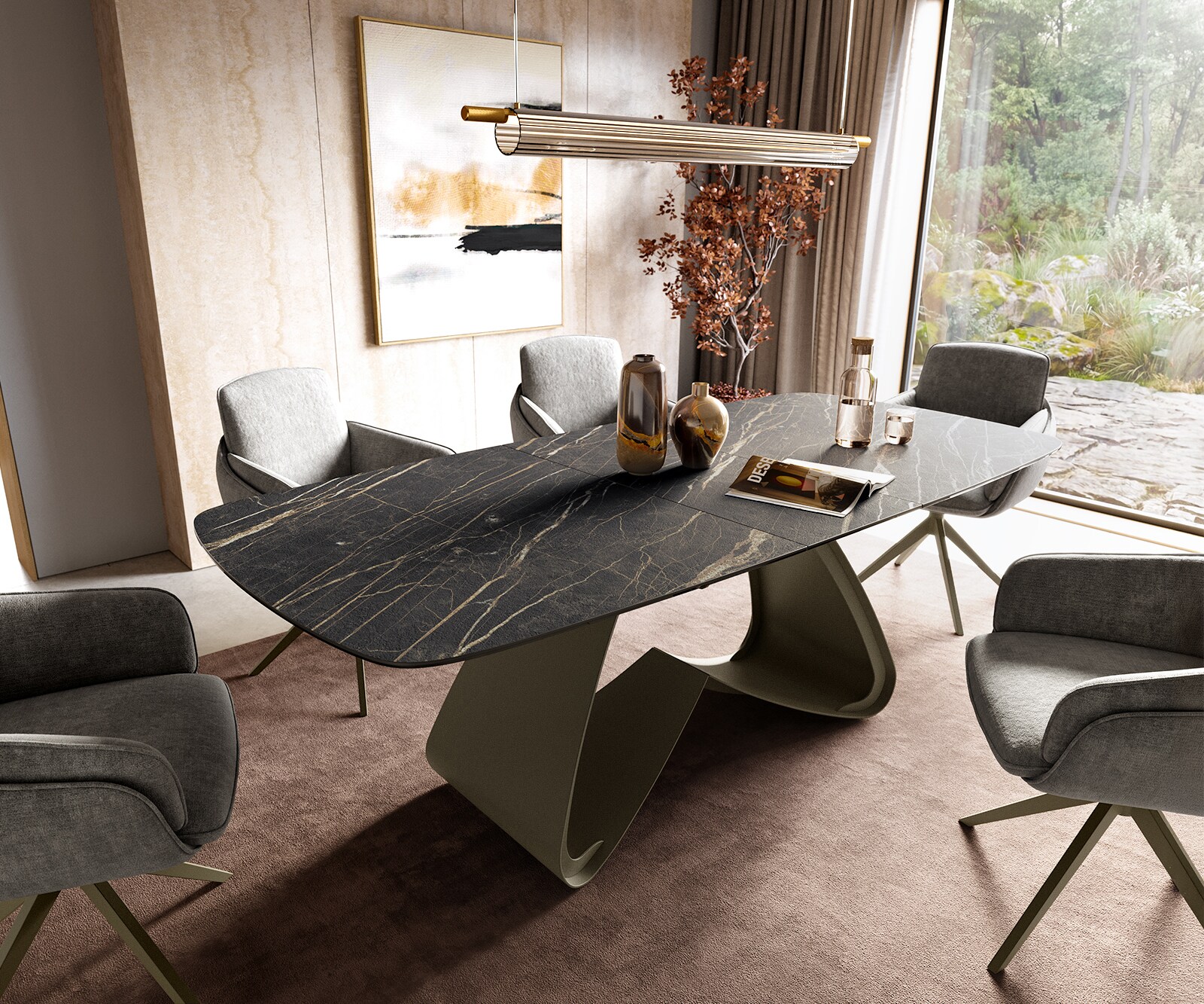 Esstisch Edge Boot 180-220x100 cm Laminam® Keramik Noir Desir Braun W-Gestell Metall Effektfinish Titan ausziehbar 1